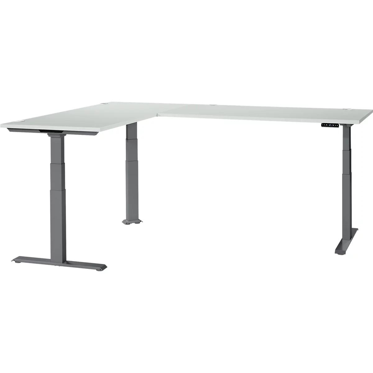 A white, L-shaped desk with height-adjustable, gray legs. There is a control panel on the right.