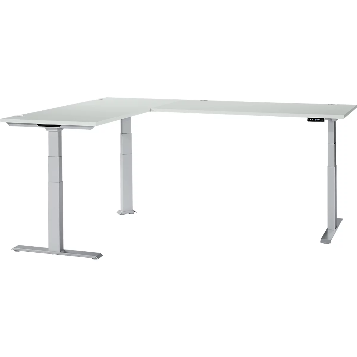 A white corner desk, height-adjustable, against a white background. The legs are gray and the tabletop white.