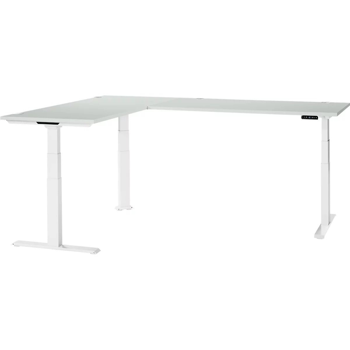 A white, height-adjustable corner desk, arranged in an L-shape, against a white background.