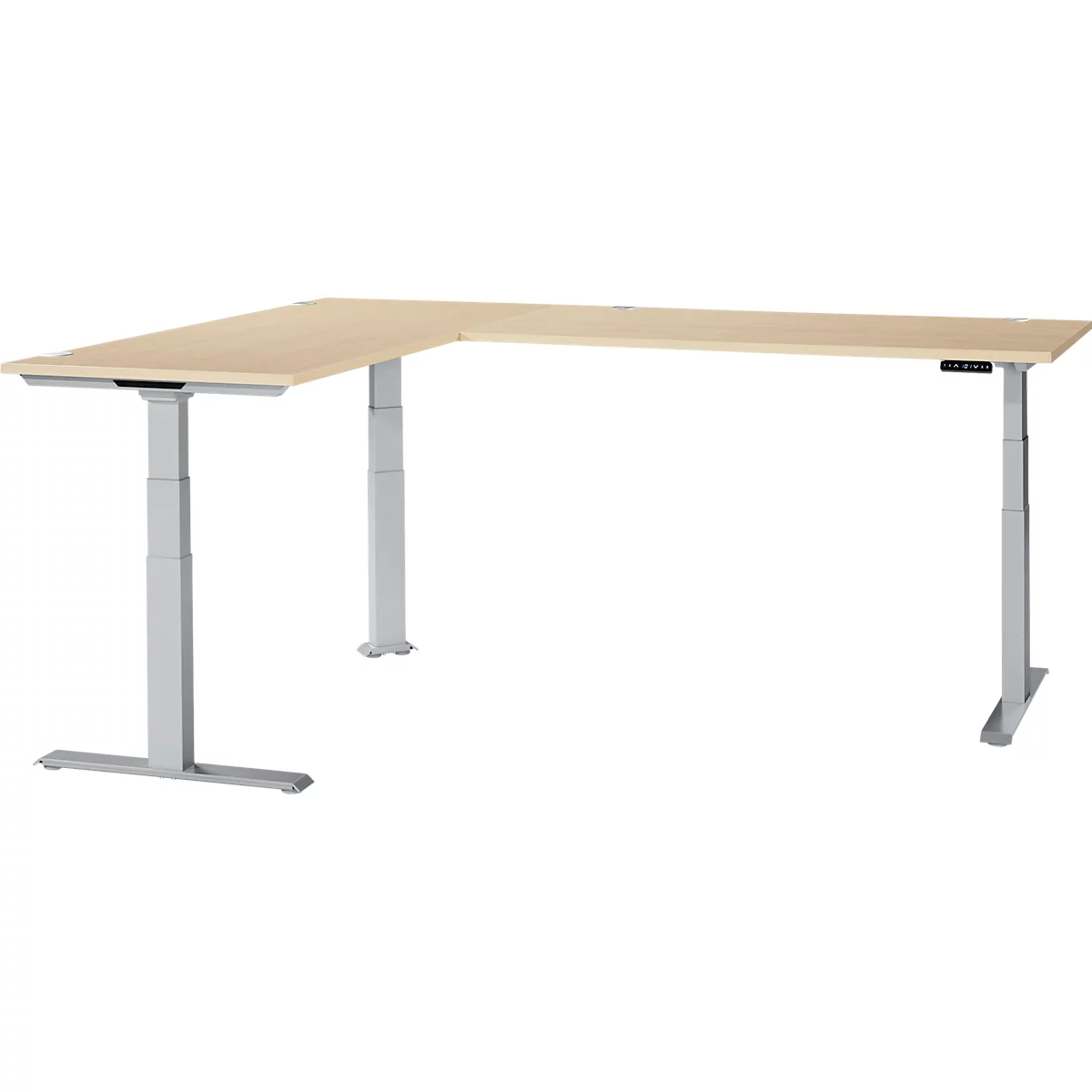 An L-shaped desk made of light wood with silver, height-adjustable legs. There is a control panel on the right side.