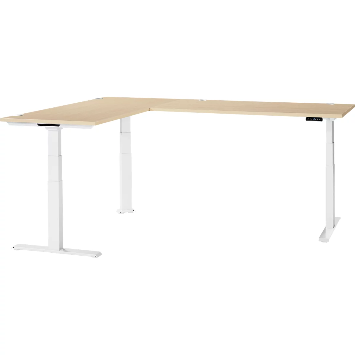 A light brown corner desk with height-adjustable white legs stands against a white background.
