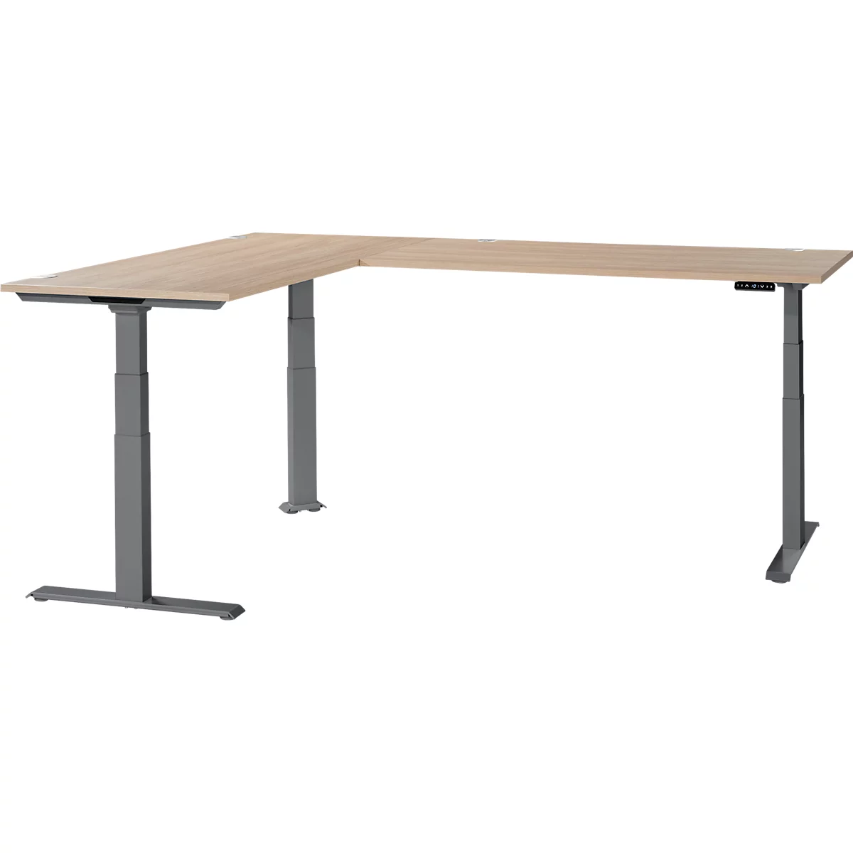 A light brown, L-shaped desk with gray, height-adjustable legs.