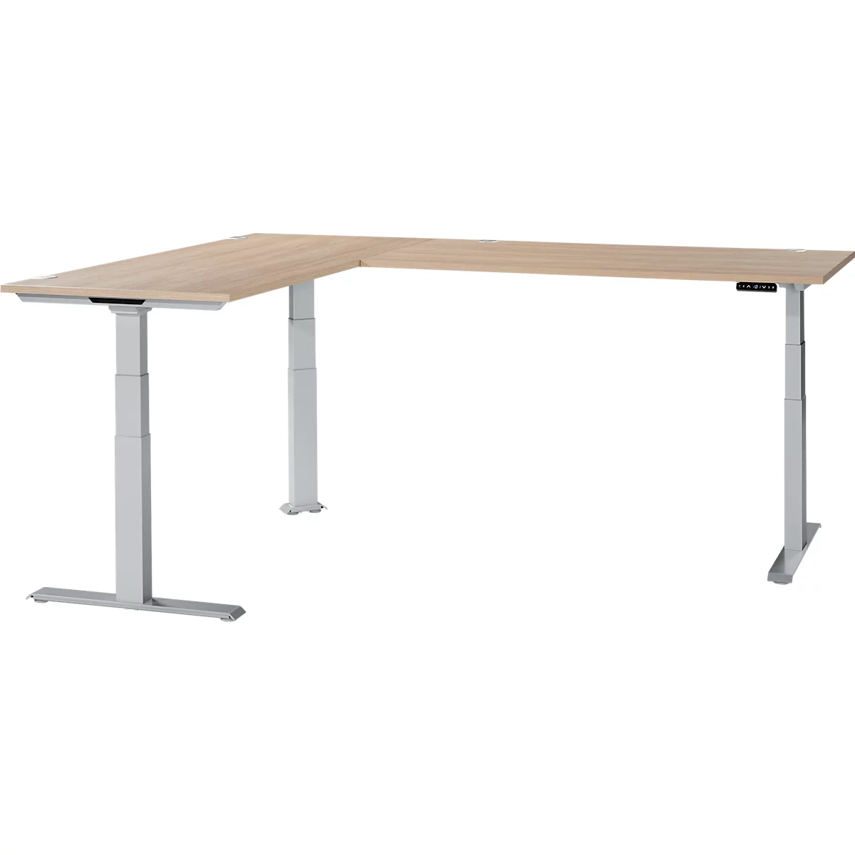 An L-shaped adjustable height desk with light wood top and gray metal legs. Control panel on corner.