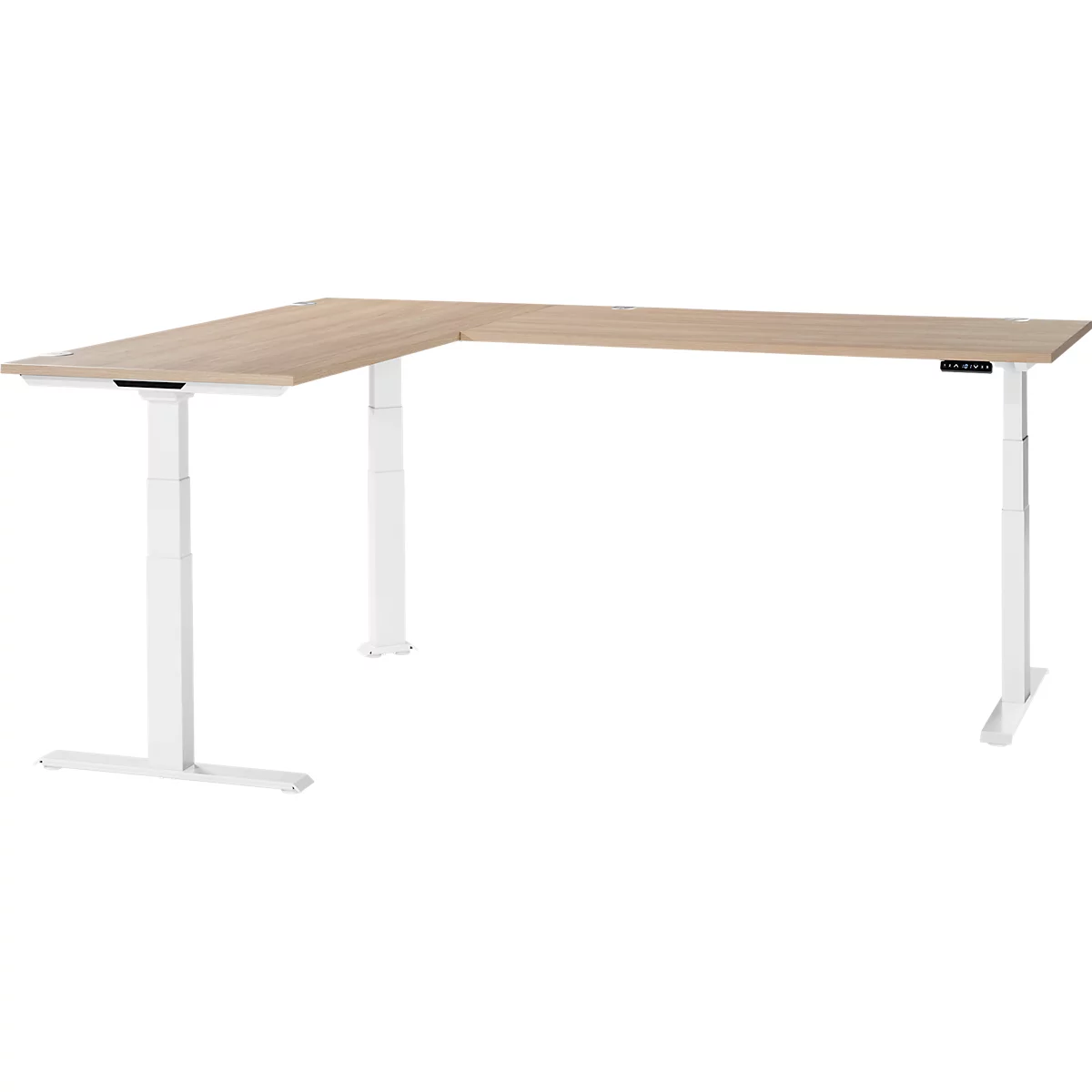 A corner desk with a light brown tabletop and white height-adjustable legs. The rectangular tabletop forms an L shape.