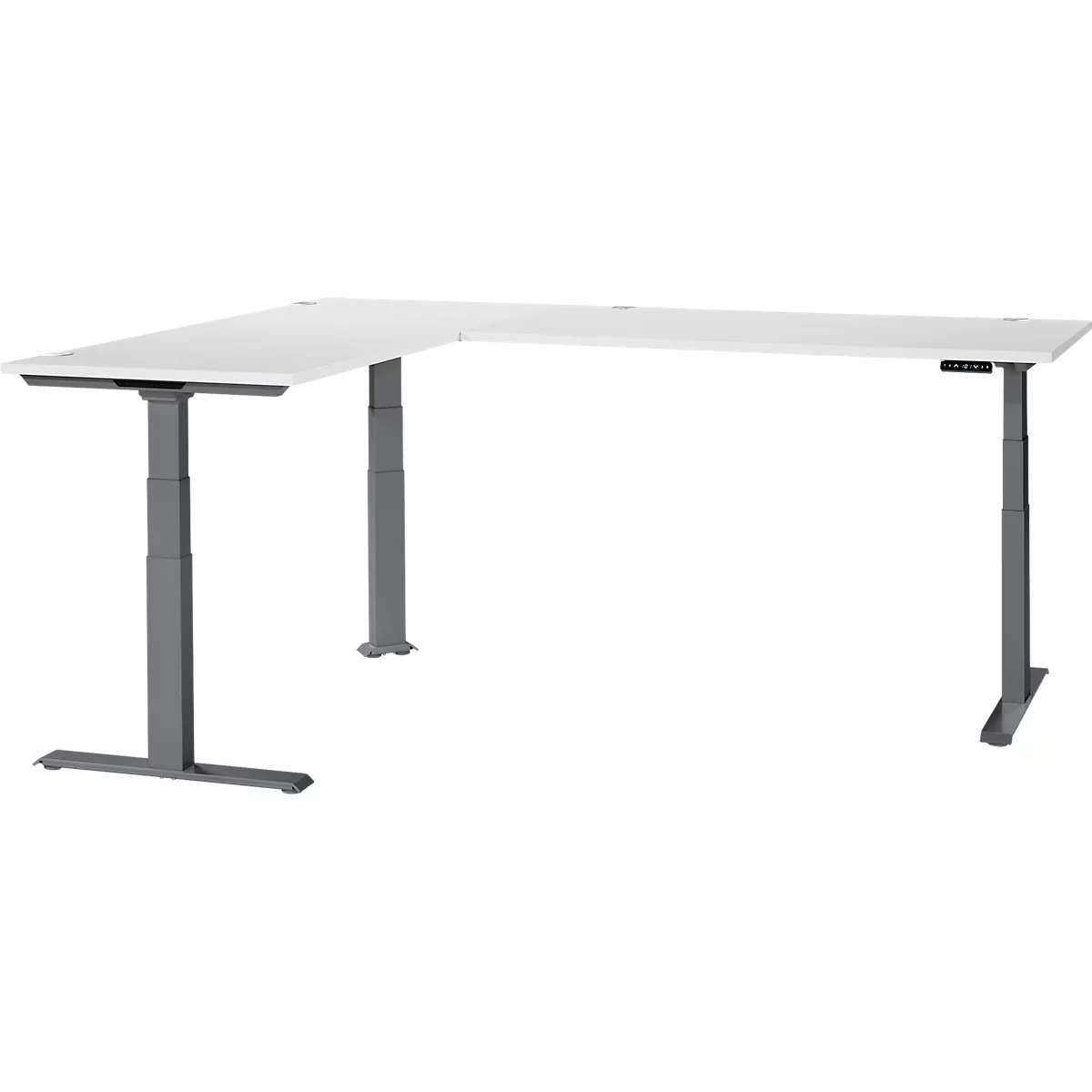 White, height-adjustable corner desk with gray legs, on the left side. The desk has a gray control unit.