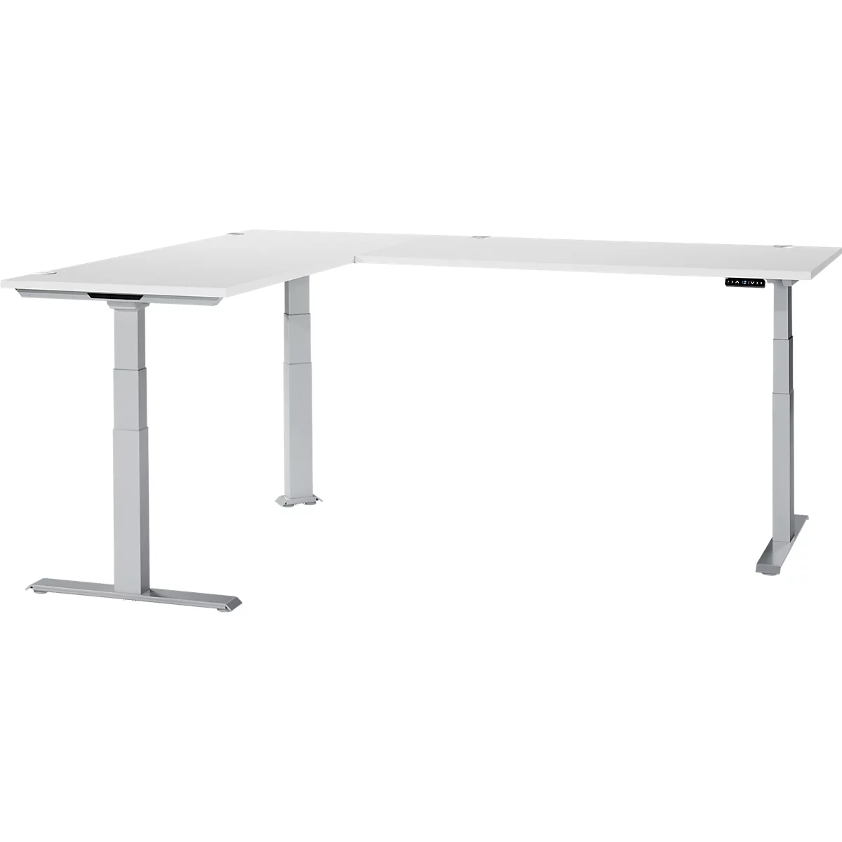 A white, height-adjustable corner desk against a white background. The desk has two legs on the left and a single leg on the right.