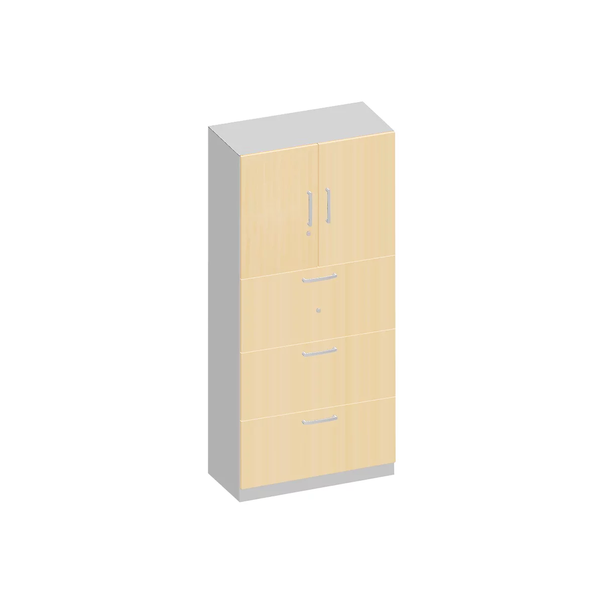 Schäfer Shop Genius Armario combinado TETRIS SOLID, 5 AA, An 800 mm, arriba puertas batientes, abajo archivadores colgantes extraíbles, blanco/aluminio blanco, arce/aluminio blanco