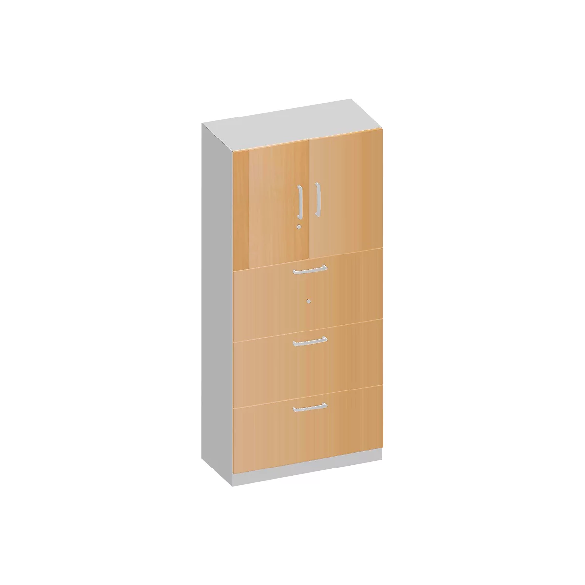 Schäfer Shop Genius Armario combinado TETRIS SOLID, 5 AA, An 800 mm, arriba puertas batientes, abajo archivadores colgantes extraíbles, haya/aluminio blanco