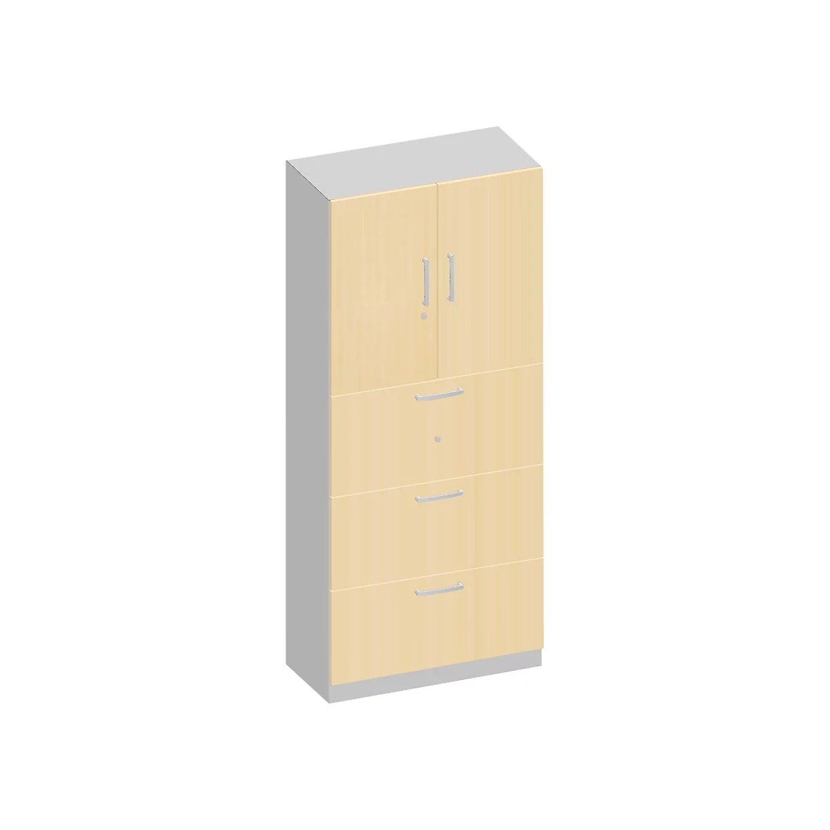 Schäfer Shop Genius Armario combinado TETRIS SOLID, 6 AA, An 800 mm, arriba puertas batientes, abajo archivadores colgantes extraíbles, arce/aluminio blanco