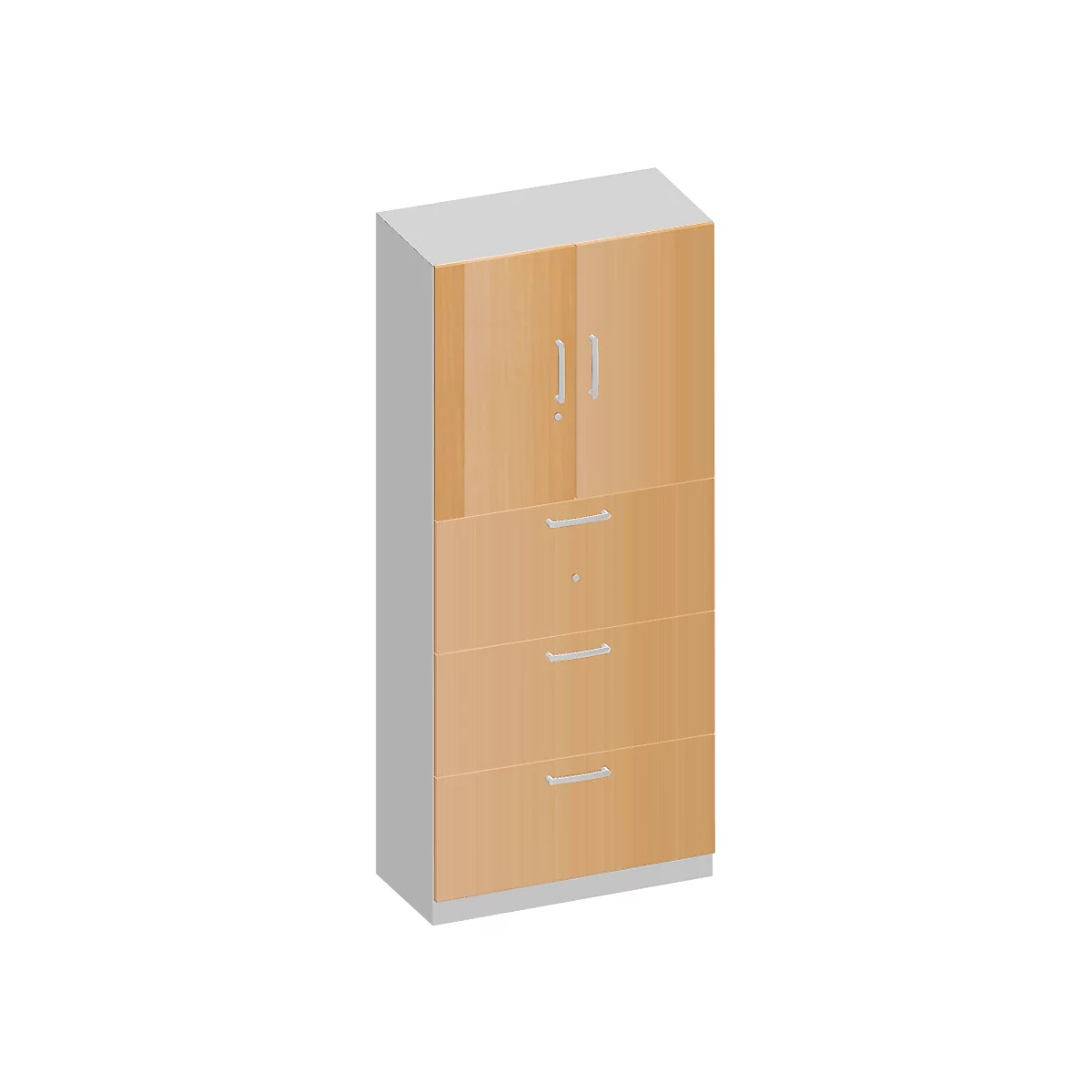 Schäfer Shop Genius Armario combinado TETRIS SOLID, 6 AA, An 800 mm, arriba puertas batientes, abajo archivadores colgantes extraíbles, haya/aluminio blanco