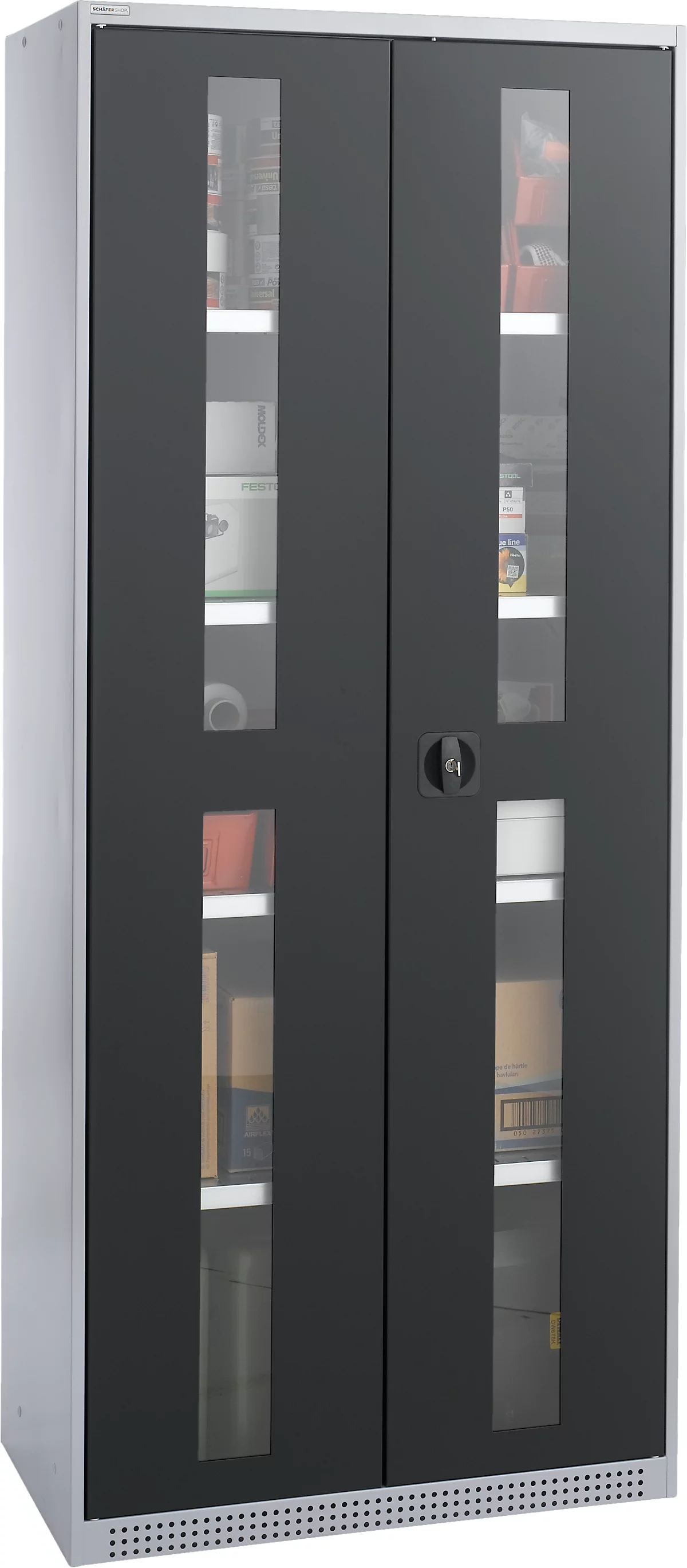 Schäfer Shop Genius armario con puerta giratoria FS, acero, mirilla, agujeros de ventilación, An 810 x Pr 520 x Al 1950 mm, 5 OH, aluminio blanco/gris antracita, hasta 300 kg 