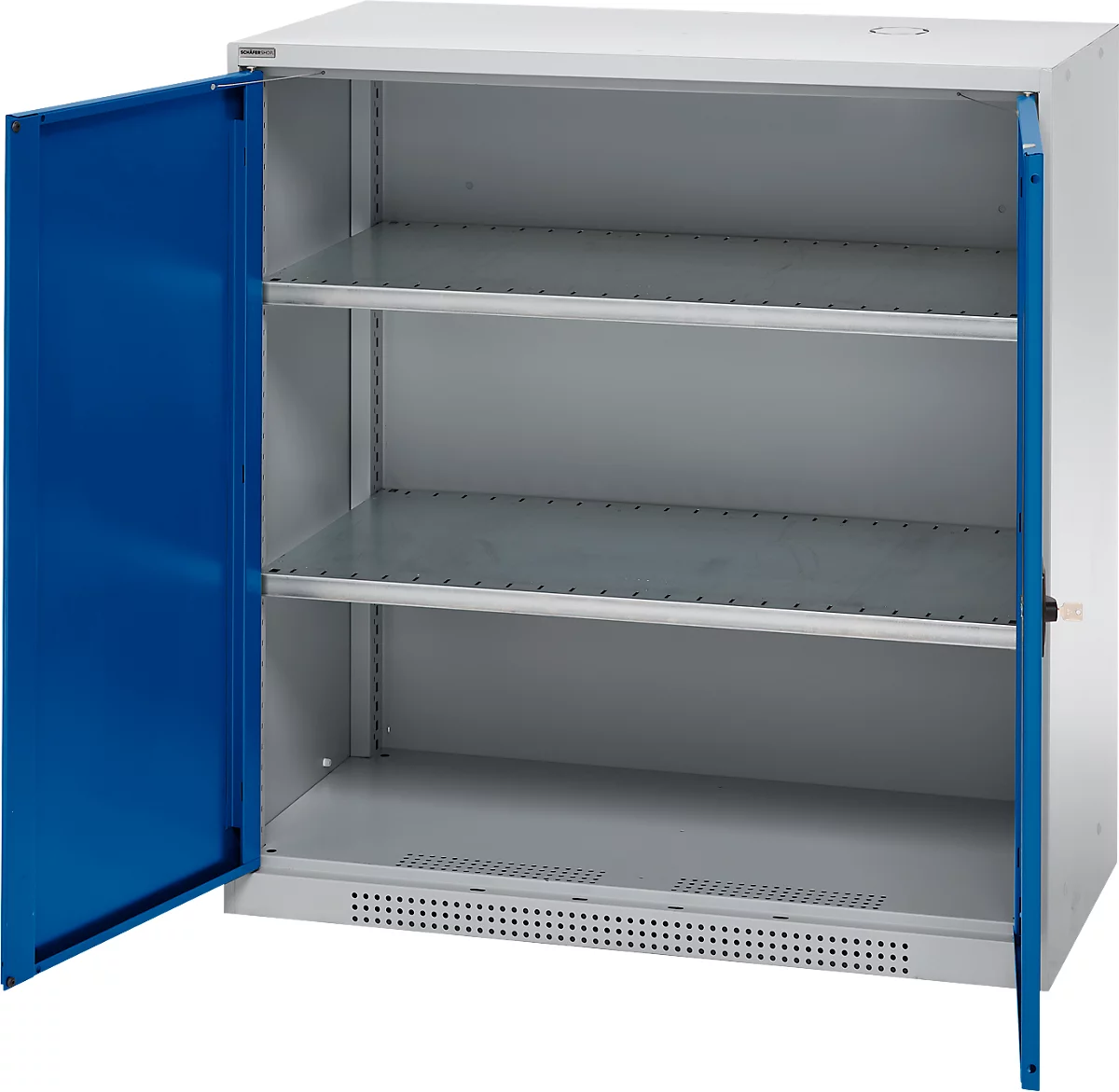 Schäfer Shop Genius armario de doble puerta FS, acero, con agujeros de ventilación, A 1055 x P 520 x A 1105 mm, 3 OH, aluminio blanco/ azul genciana, hasta 300 kg