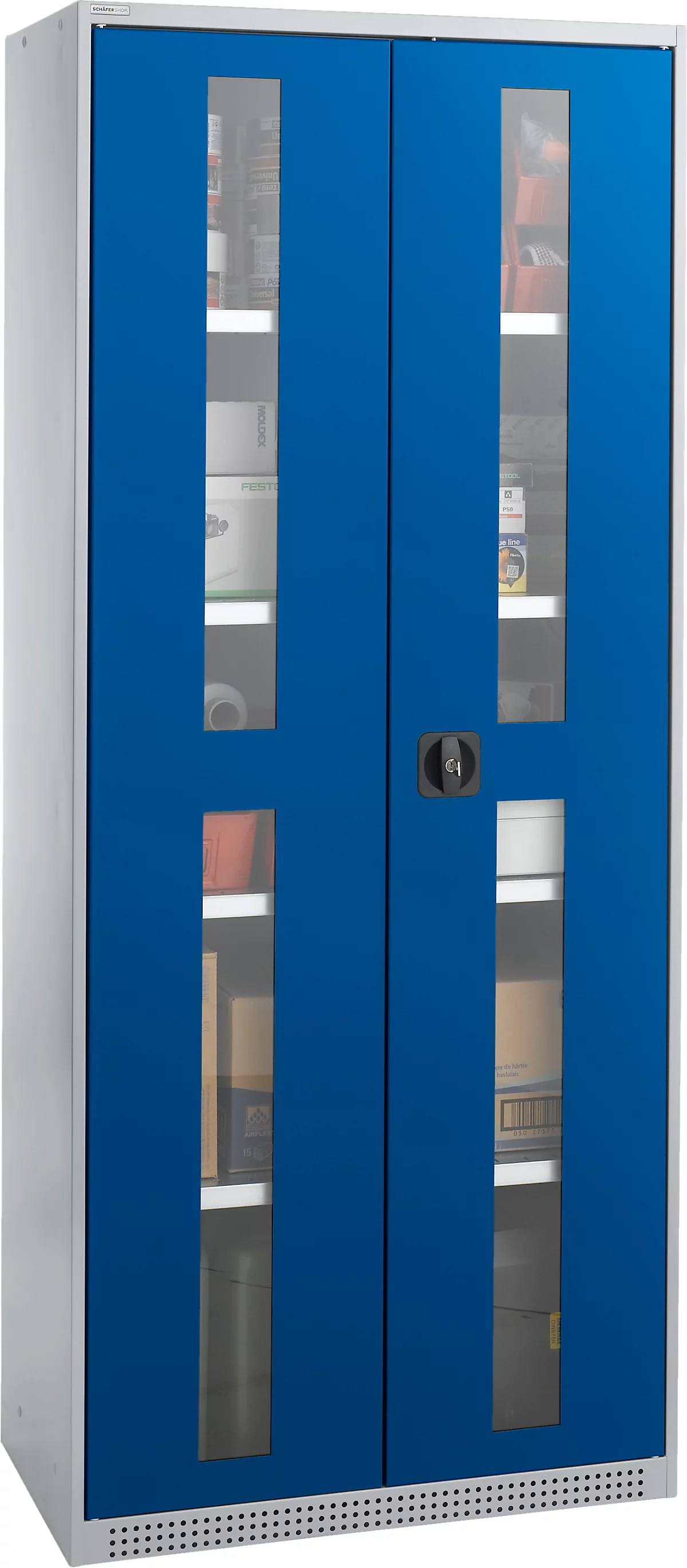 Schäfer Shop Genius armario de doble puerta FS, acero, mirilla, agujeros de ventilación, A 810 x P 520 x A 1950 mm, 5 OH, aluminio blanco/azul genciana, hasta 300 kg 
