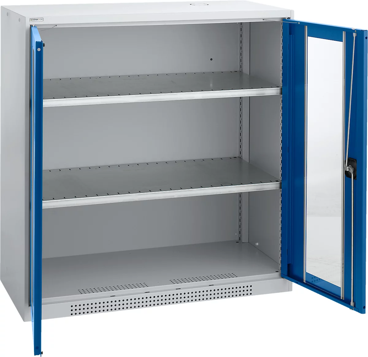 Schäfer Shop Genius armario de doble puerta FS, acero, ventana, agujeros de ventilación, A 1055 x P 520 x A 1105 mm, 3 OH, aluminio blanco/ azul genciana, hasta 300 kg