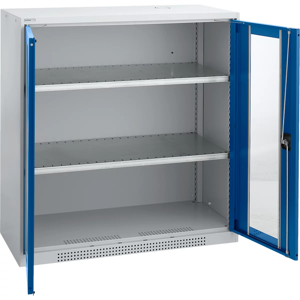 Schäfer Shop Genius armario de doble puerta FS, acero, ventana, agujeros de ventilación, A 1055 x P 520 x A 1105 mm, 3 OH, aluminio blanco/ azul genciana, hasta 300 kg