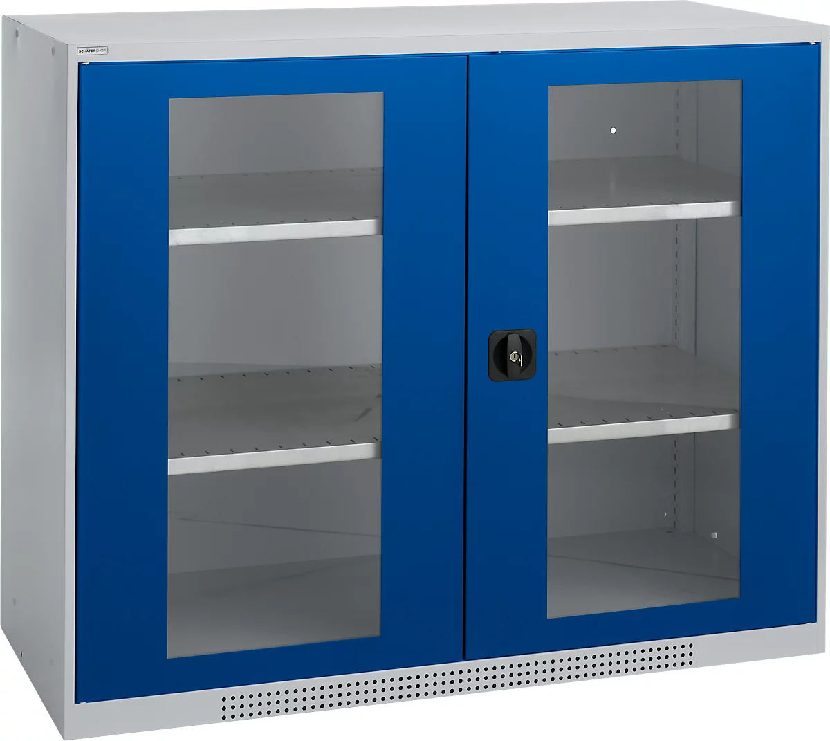 Schäfer Shop Genius armario de doble puerta FS, acero, ventana, agujeros de ventilación, A 1343 x P 520 x A 1105 mm, 3 OH, aluminio blanco/ azul genciana, hasta 450 kg