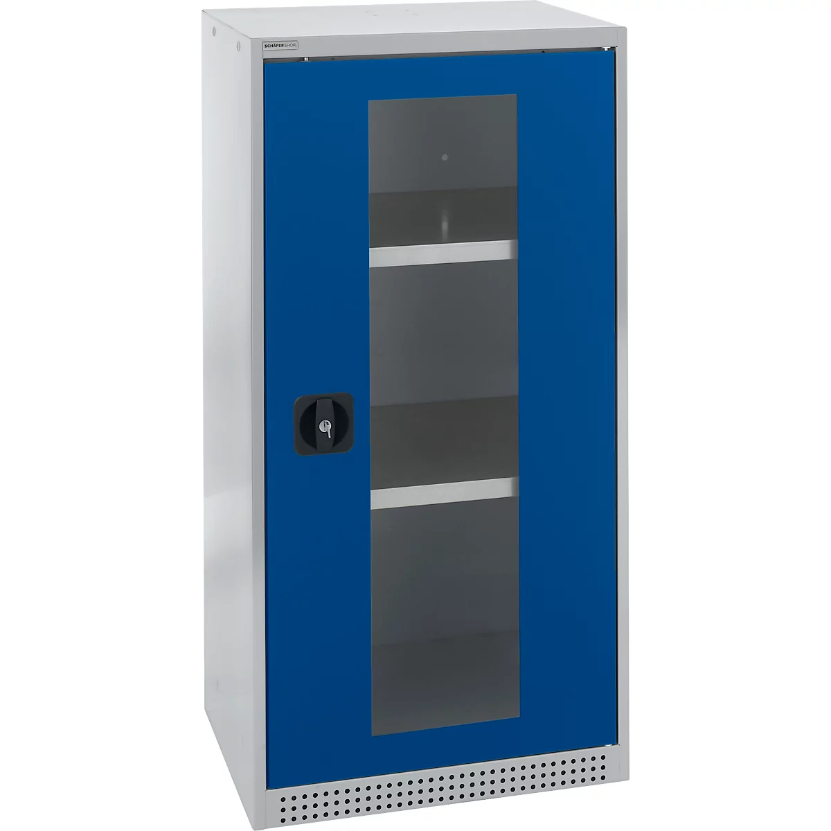 Schäfer Shop Genius armario de doble puerta FS, acero, ventana, agujeros de ventilación, A 545 x P 520 x A 1105 mm, 3 OH, aluminio blanco/ azul genciana, hasta 150 kg