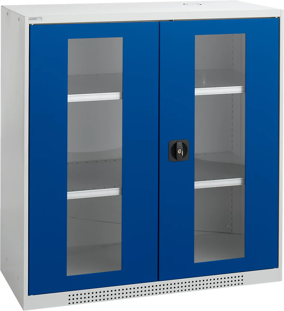 Schäfer Shop Genius armario de doble puerta FS, acero, ventana, agujeros de ventilación, ancho 1055 x fondo 520 x alto 1105 mm, 3 OH, gris claro/ azul genciana, hasta 300 kg