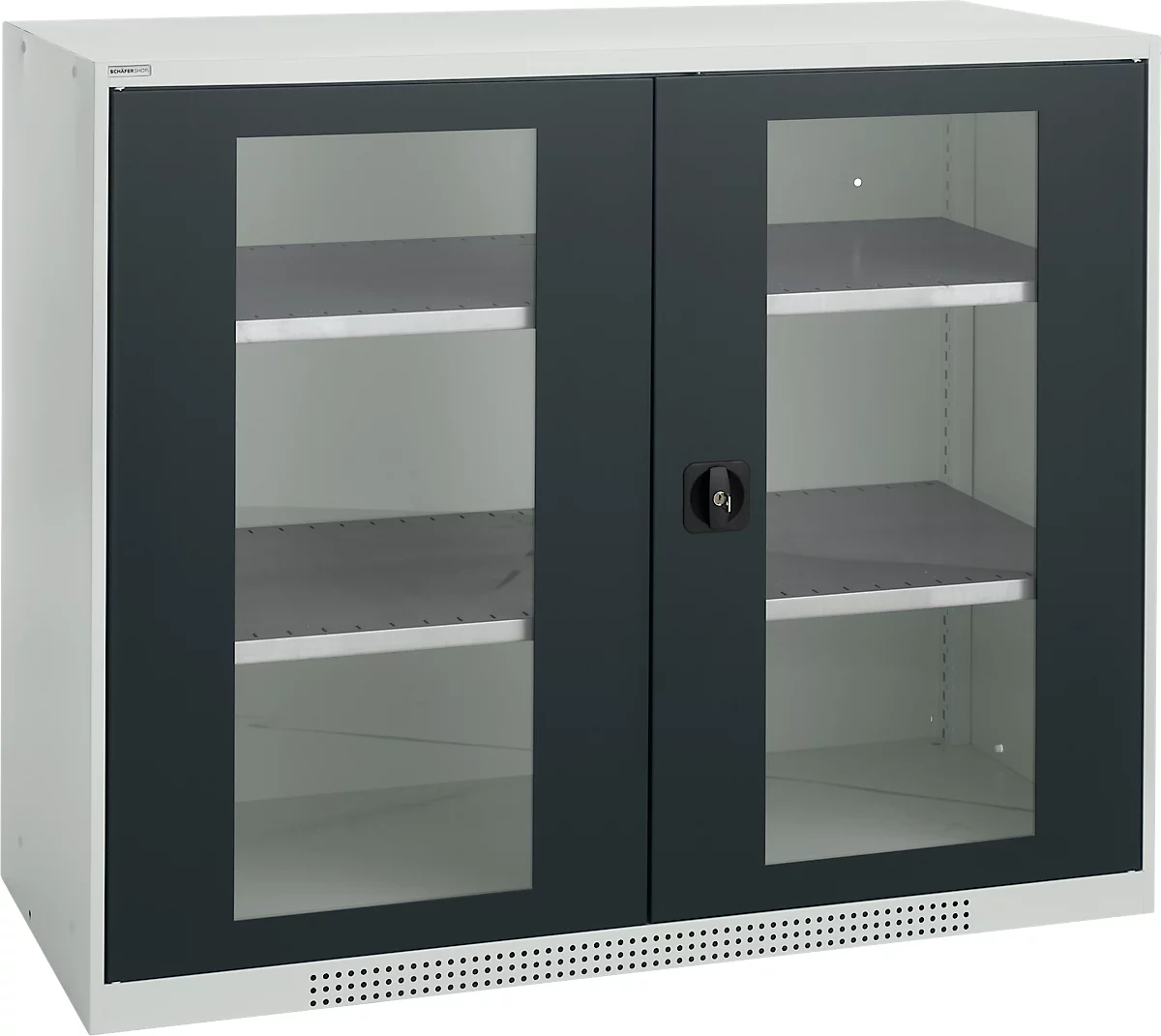 Schäfer Shop Genius armario de doble puerta FS, acero, ventana, agujeros de ventilación, W 1343 x D 520 x H 1105 mm, 3 OH, gris claro/gris antracita, hasta 450 kg