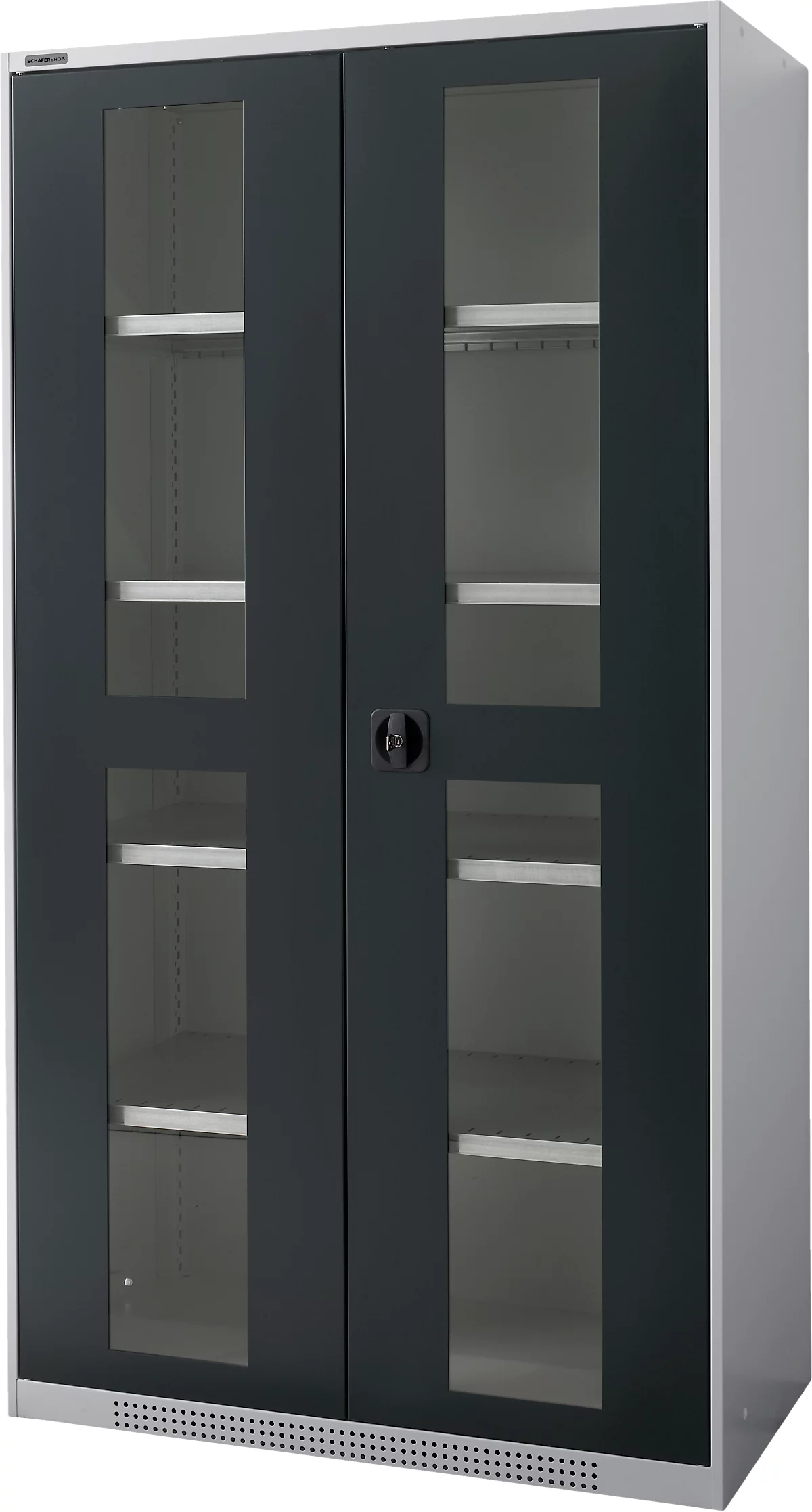 Schäfer Shop Genius armario de dos puertas FS, acero, mirilla, agujeros de ventilación, AN 1055 x F 520 x AL 1950 mm, 5 OH, aluminio blanco/gris antracita, hasta 500 kg 