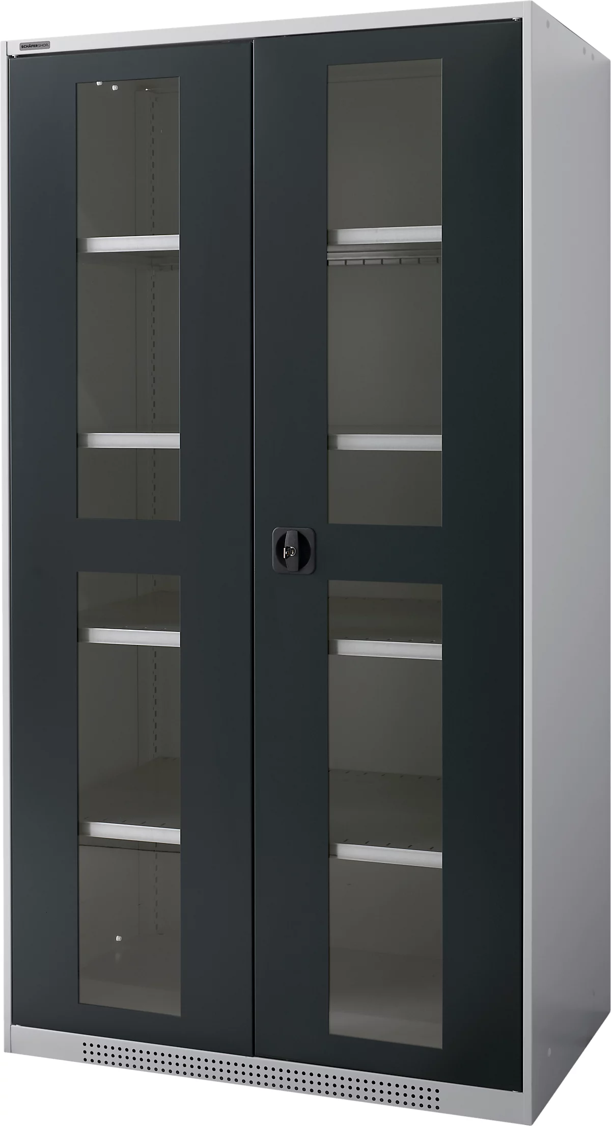 Schäfer Shop Genius armario de dos puertas FS, acero, mirilla, agujeros de ventilación, AN 1055 x F 620 x AL 1950 mm, 5 OH, aluminio blanco/gris antracita, hasta 500 kg 
