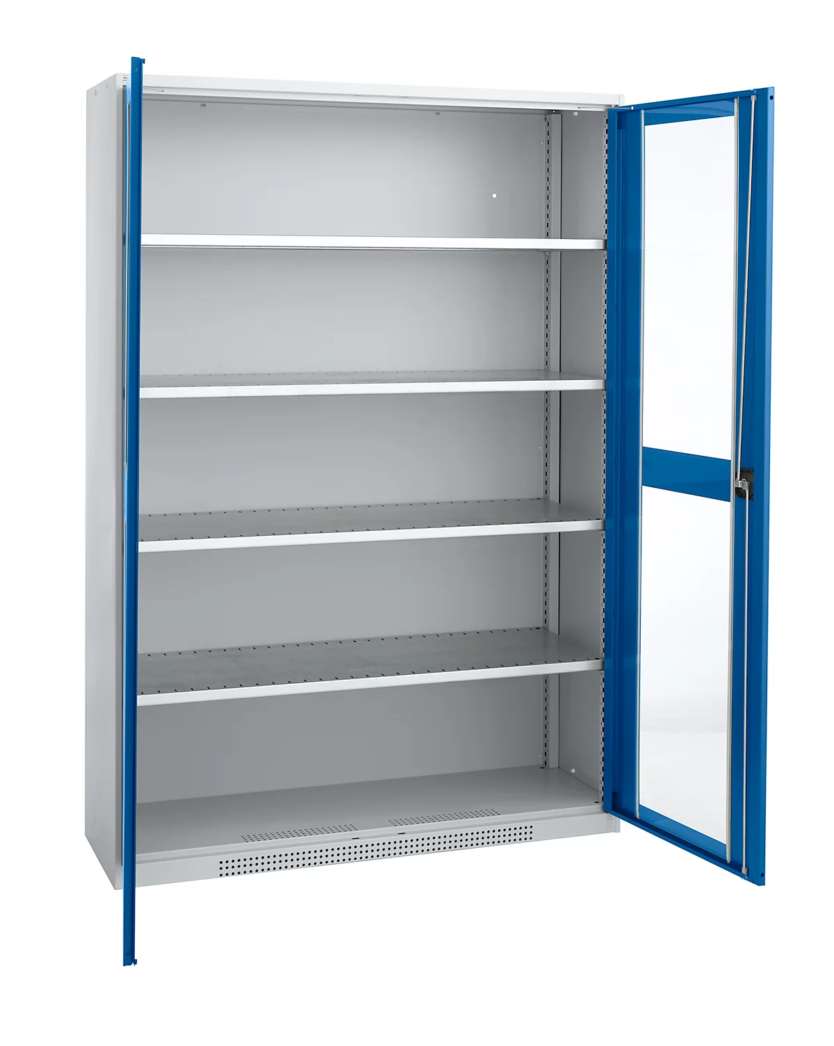Schäfer Shop Genius armario de dos puertas FS, acero, mirilla, agujeros de ventilación, An 1343 x P 520 x Al 1950 mm, 5 OH, aluminio blanco/azul genciana, hasta 750 kg 
