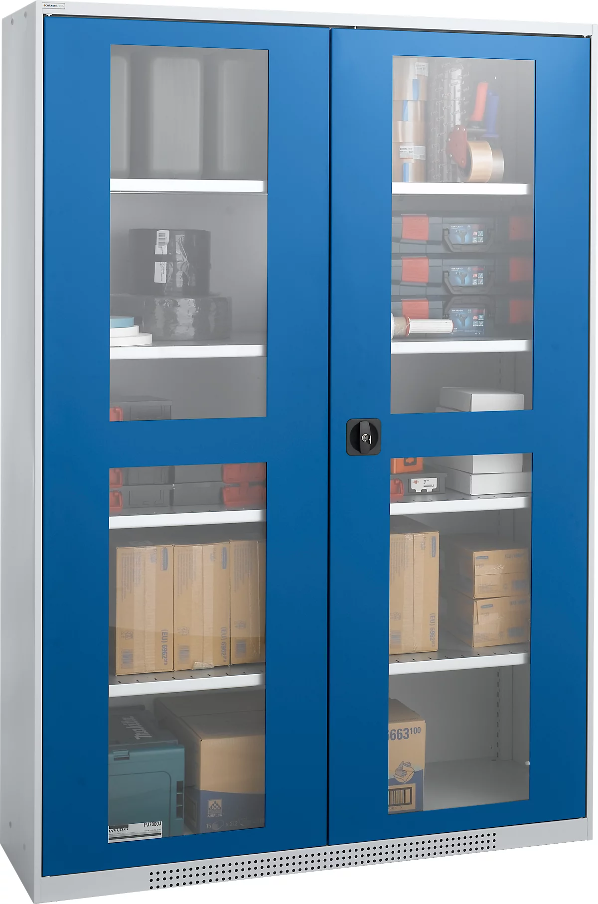 Schäfer Shop Genius armario de dos puertas FS, acero, mirilla, agujeros de ventilación, An 1343 x P 520 x Al 1950 mm, 5 OH, aluminio blanco/azul genciana, hasta 750 kg 