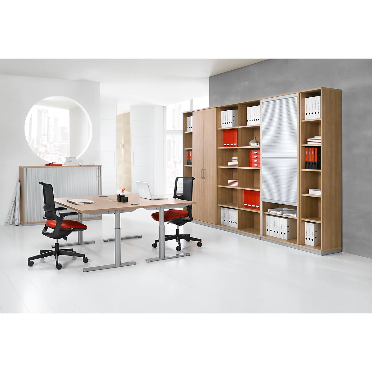 Schäfer Shop Genius Armario de persiana vertical TETRIS WOOD, 5,5 AA, Al 2270 mm, altura incl. deslizador, gris luminoso