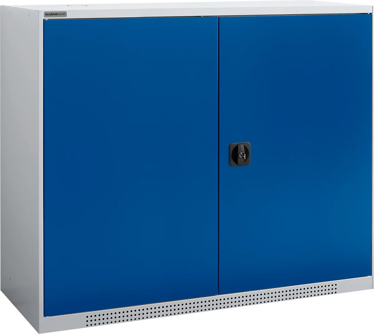 Schäfer Shop Genius Armario de puertas batientes FS, acero, con orificios de ventilación, ancho 1343 x fondo 520 x alto 1105 mm, 3 OH, hasta 450 kg, aluminio blanco/azul genciana