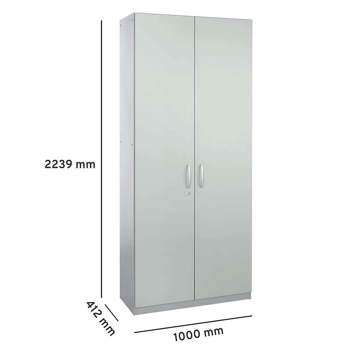 Armario gris claro con dos puertas y tiradores plateados, se indican las dimensiones.