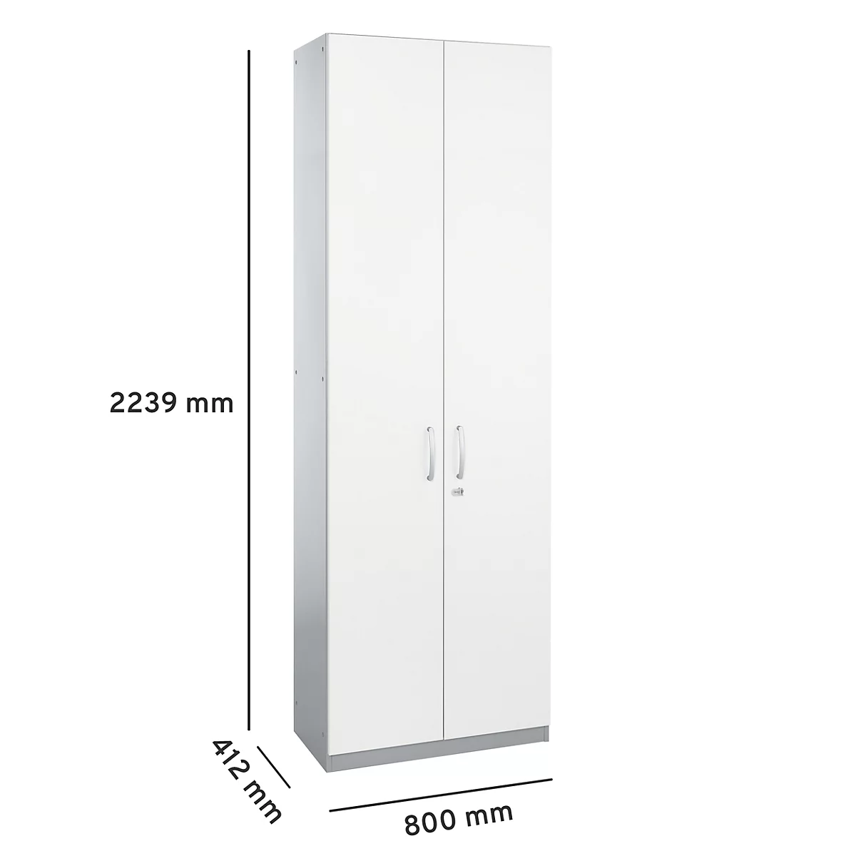 Armario alto blanco con dos puertas, dos tiradores y medidas: 2239 mm de alto, 800 mm de ancho, 412 mm de fondo.