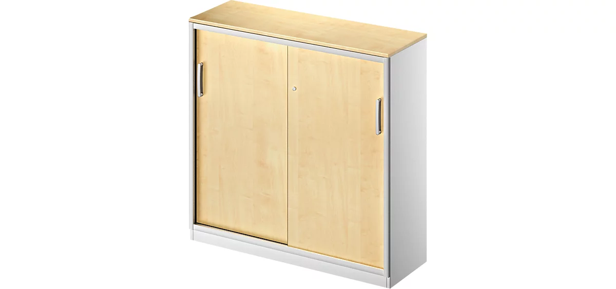 Schäfer Shop Genius Armario de puertas correderas TETRIS SOLID, 3 AA, 2 estantes, An 1200 mm, cubierta de 19 mm, acabado en arce/aluminio blanco
