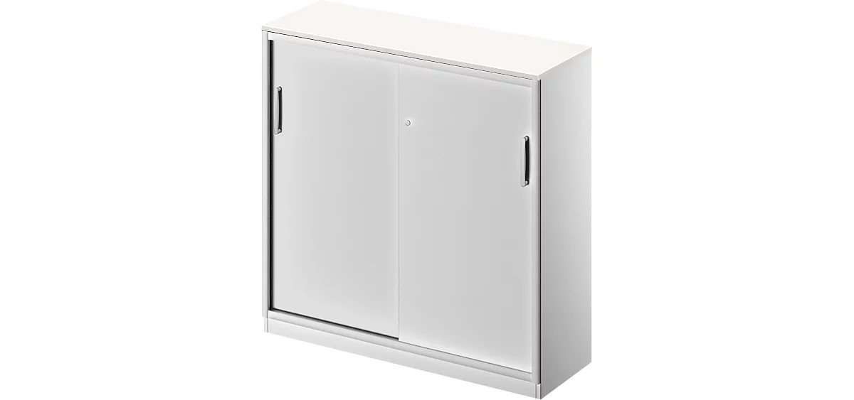 Schäfer Shop Genius Armario de puertas correderas TETRIS SOLID, 3 AA, 2 estantes, An 1200 mm, cubierta de 19 mm, blanco/aluminio blanco