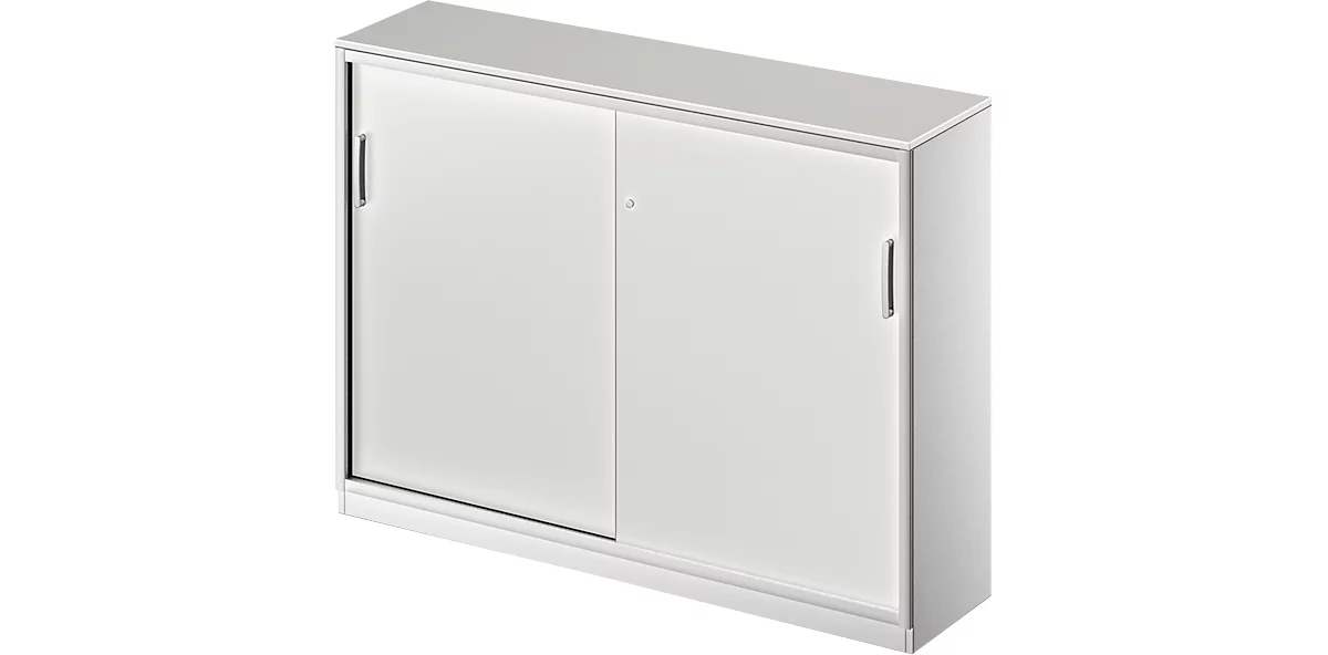 Schäfer Shop Genius Armario de puertas correderas TETRIS SOLID, 3 AA, 2 estantes, An 1600 mm, cubierta de 19 mm, gris luminoso/aluminio blanco
