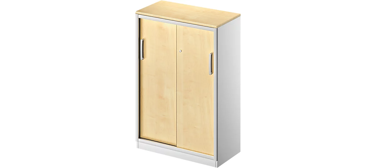 Schäfer Shop Genius Armario de puertas correderas TETRIS SOLID, 3 AA, 2 estantes, An 800 mm, cubierta de 19 mm, acabado en arce/aluminio blanco
