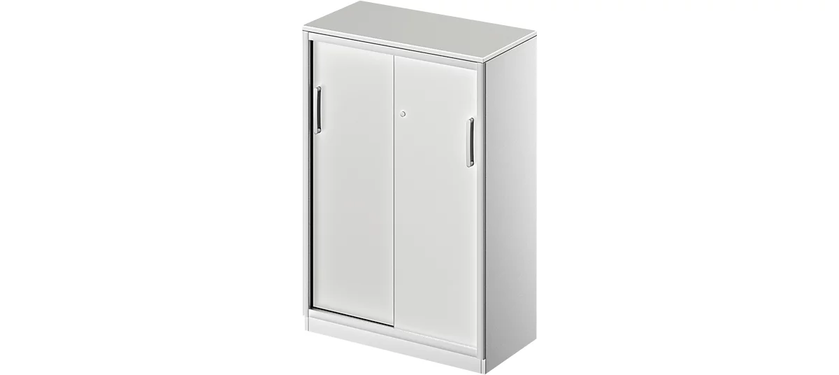 Schäfer Shop Genius Armario de puertas correderas TETRIS SOLID, 3 AA, 2 estantes, An 800 mm, cubierta de 19 mm, gris luminoso/aluminio blanco