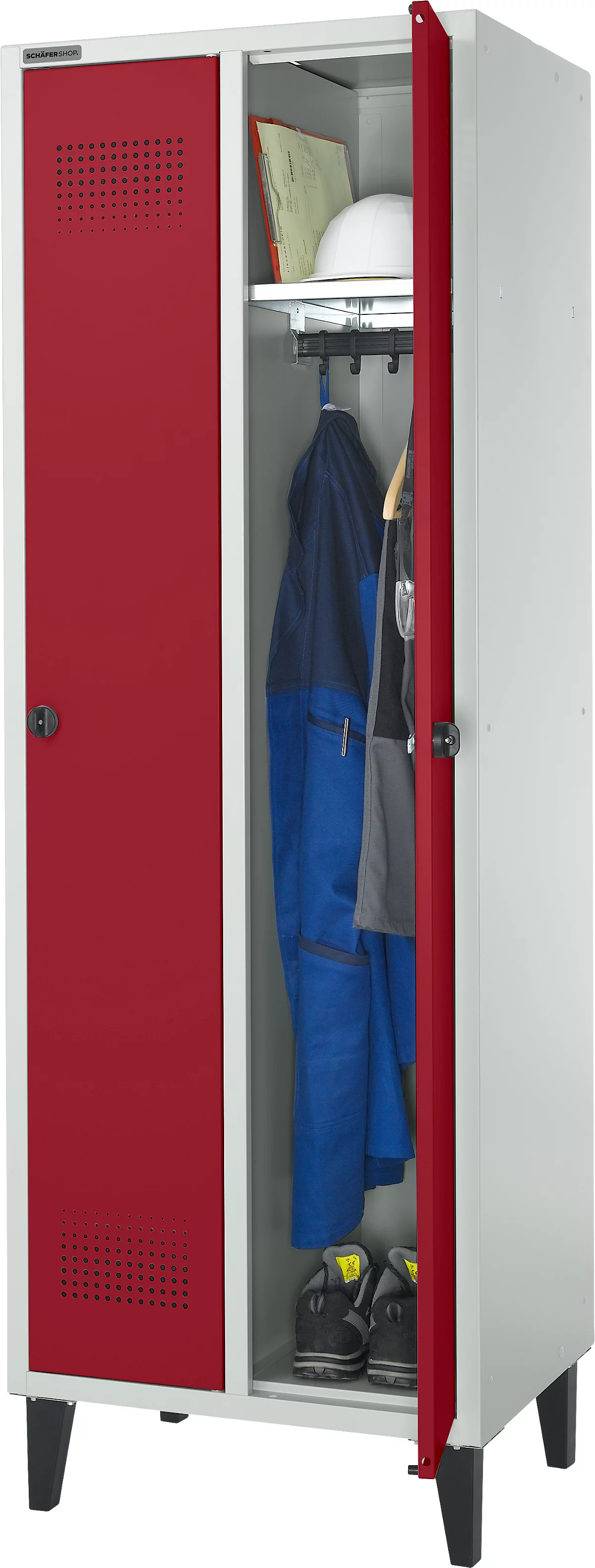 Schäfer Shop Genius Armario independiente, 2 compartimentos, ancho 630 x fondo 500 x alto 1850 mm, cerradura de seguridad, gris claro/rojo