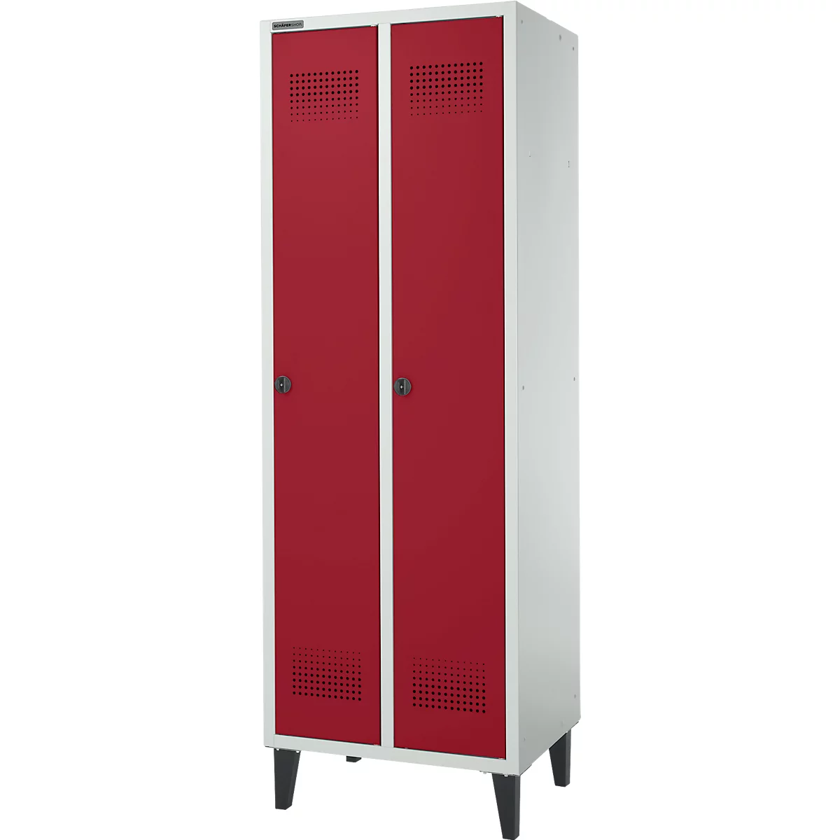 Schäfer Shop Genius Armario independiente, 2 compartimentos, ancho 630 x fondo 500 x alto 1850 mm, cerradura de seguridad, gris claro/rojo