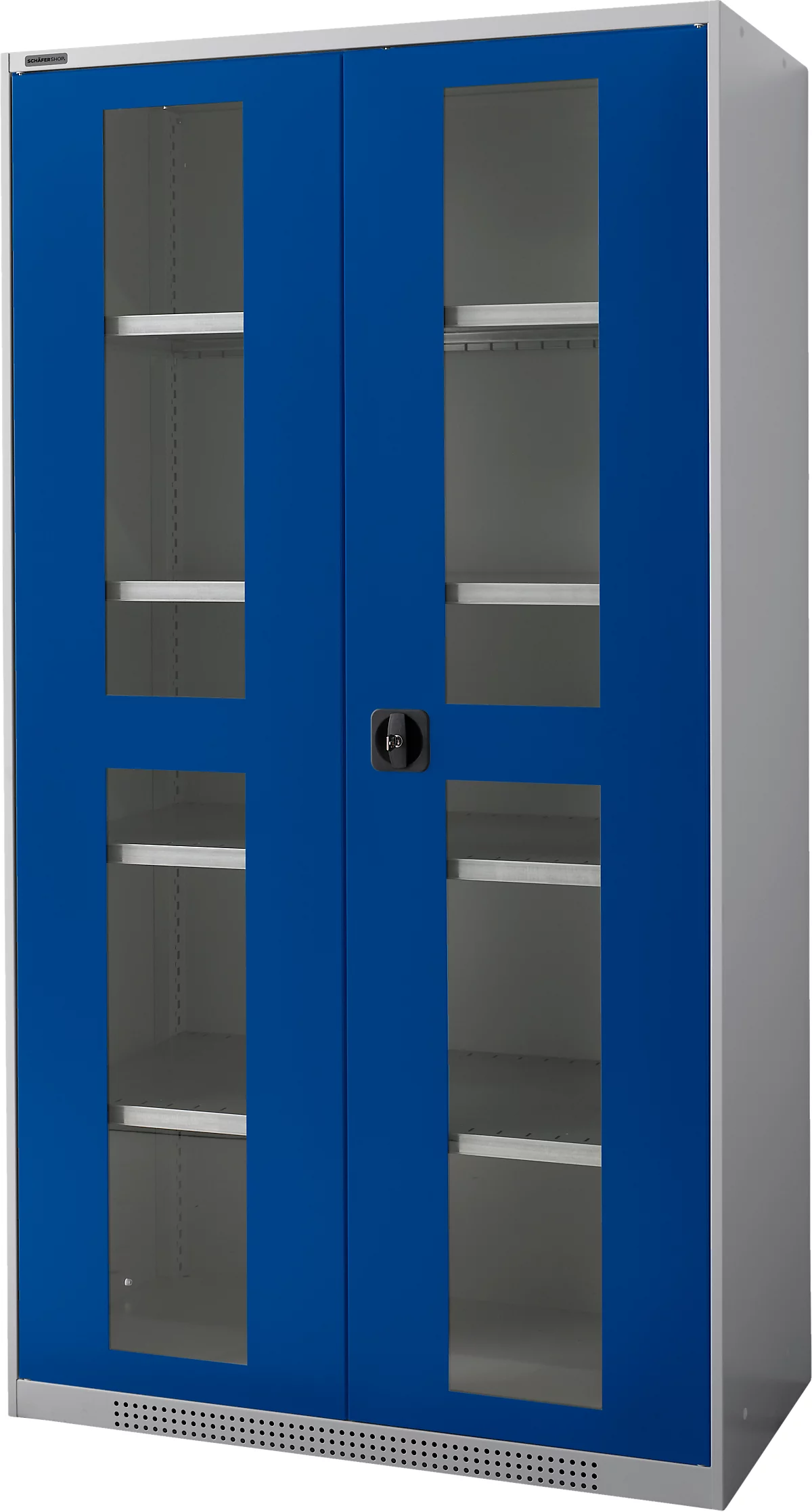 Schäfer Shop Genius armario para cargas pesadas FS, chapa de acero, con ventana de visualización, ancho 1055 x fondo 520 x alto 1950 mm, 5 OH, aluminio blanco/azul marino, hasta 1000 kg