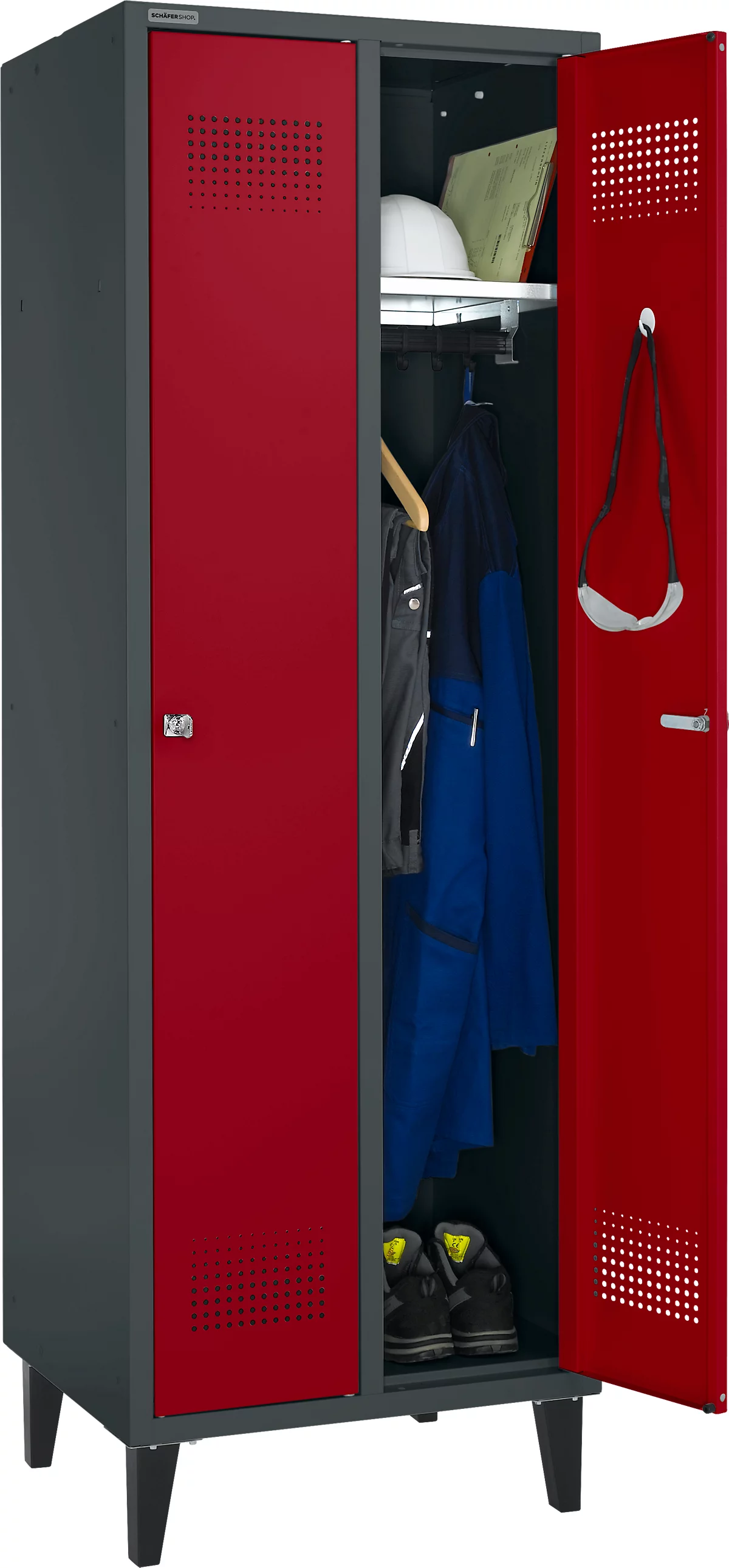 Schäfer Shop Genius Armario vestidor, 2 compartimentos, ancho 630 x fondo 500 x alto 1850 mm, cerradura de cilindro, antracita RAL 7016/rojo