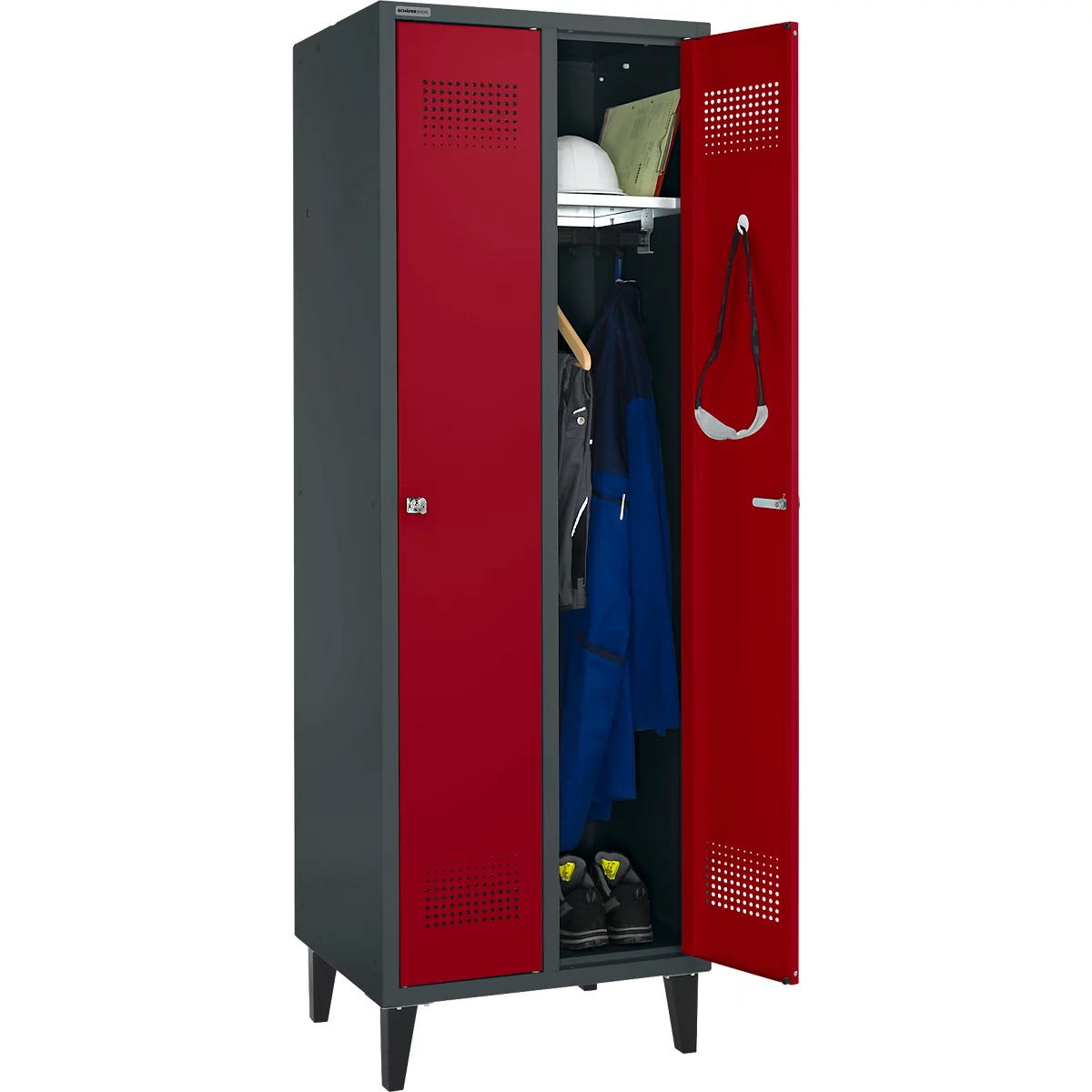 Schäfer Shop Genius Armario vestidor, 2 compartimentos, ancho 630 x fondo 500 x alto 1850 mm, cerradura de cilindro, antracita RAL 7016/rojo