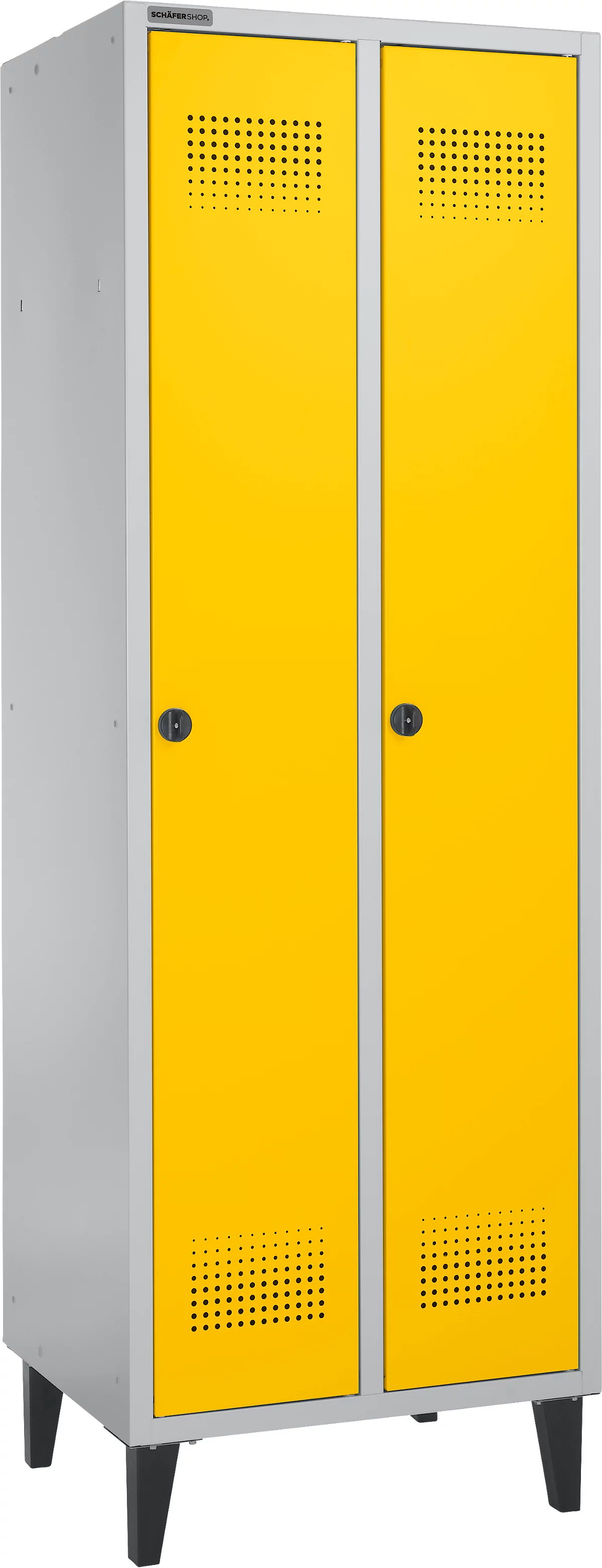Schäfer Shop Genius Armario vestidor, 2 compartimentos, ancho 630 x fondo 500 x alto 1850 mm, cierre de leva, aluminio blanco RAL 9016/amarillo
