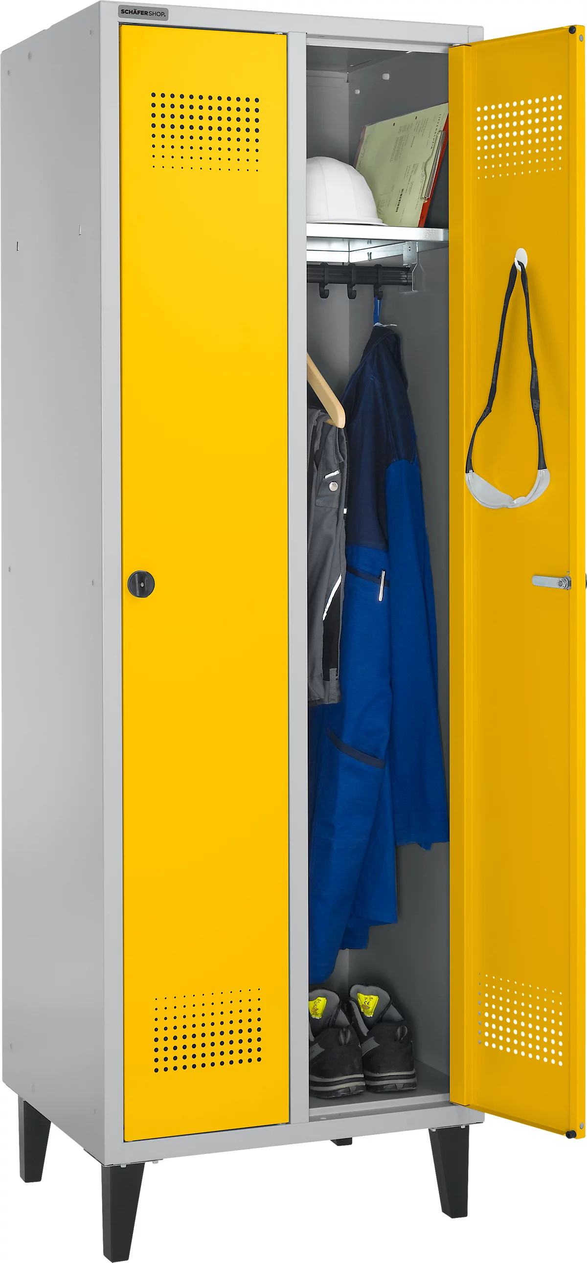 Schäfer Shop Genius Armario vestidor, 2 compartimentos, ancho 630 x fondo 500 x alto 1850 mm, cierre de leva, aluminio blanco RAL 9016/amarillo