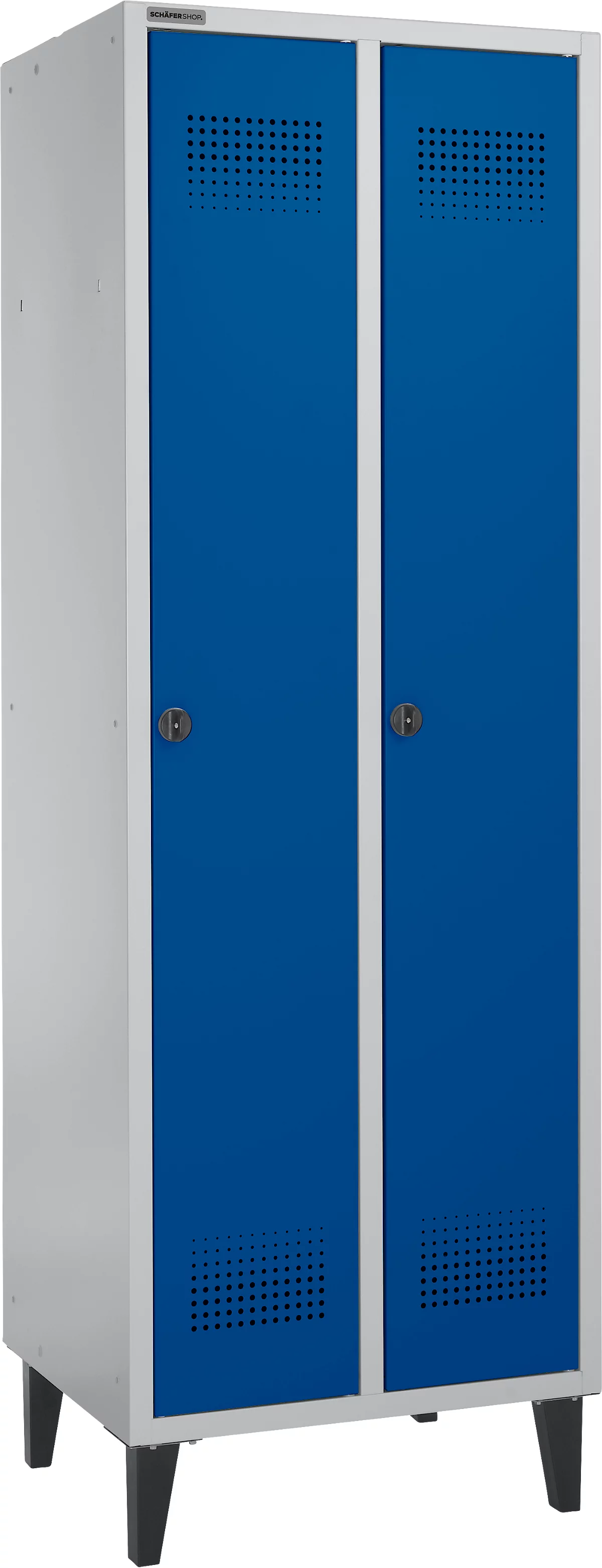 Schäfer Shop Genius Armario vestidor, 2 compartimentos, ancho 630 x fondo 500 x alto 1850 mm, cierre de leva, aluminio blanco RAL 9016/azul genciana