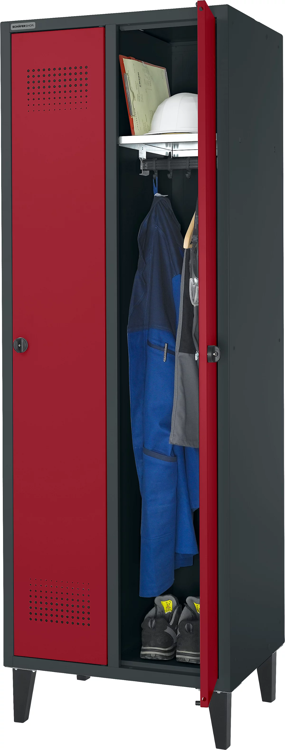 Schäfer Shop Genius Armario vestidor, 2 compartimentos, ancho 630 x fondo 500 x alto 1850 mm, cierre de leva, antracita RAL 7016/rojo