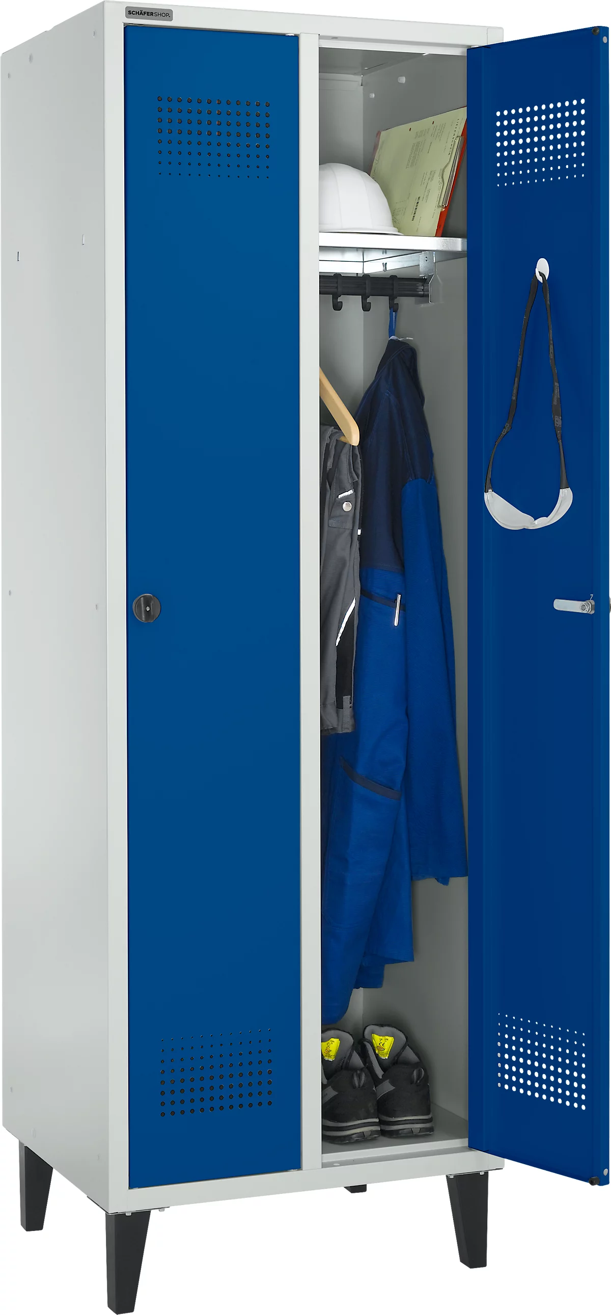 Schäfer Shop Genius Armario vestidor, 2 compartimentos, ancho 630 x fondo 500 x alto 1850 mm, cierre de leva, gris claro/azul genciana