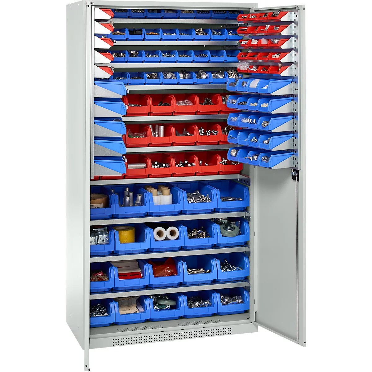 Armoire d'atelier ouverte remplie de boîtes de tri rouges et bleues remplies d'outils et de petites pièces.