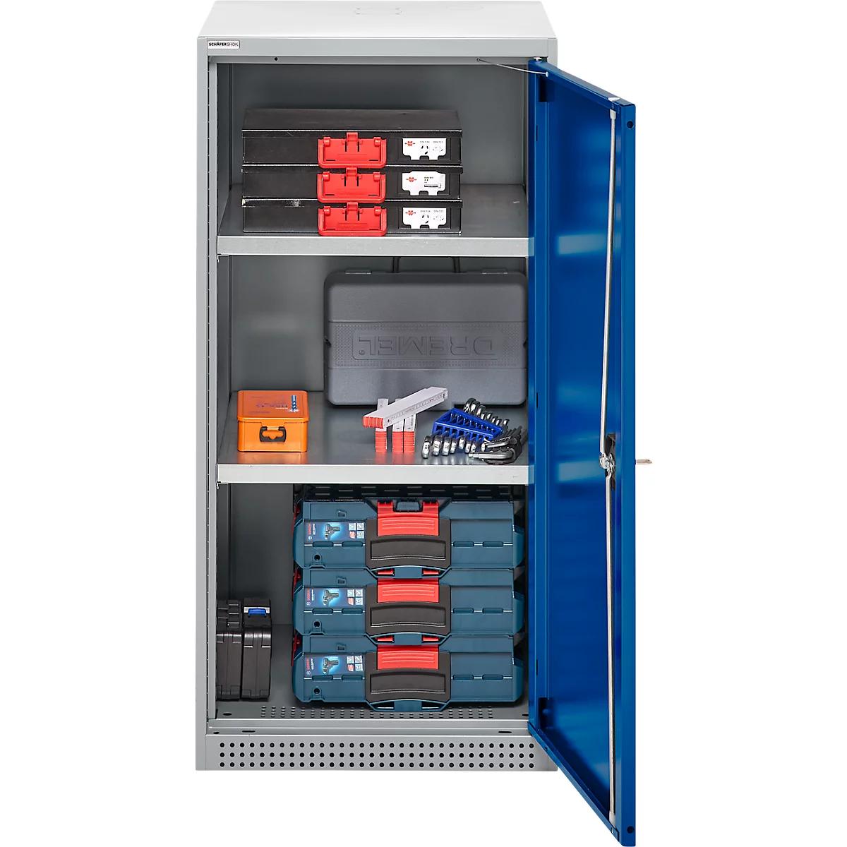 Schäfer Shop Genius armoire à double porte FS, acier, avec trous de ventilation, L 545 x P 520 x H 1105 mm, 3 OH, aluminium blanc/bleu gentiane, jusqu'à 150 kg