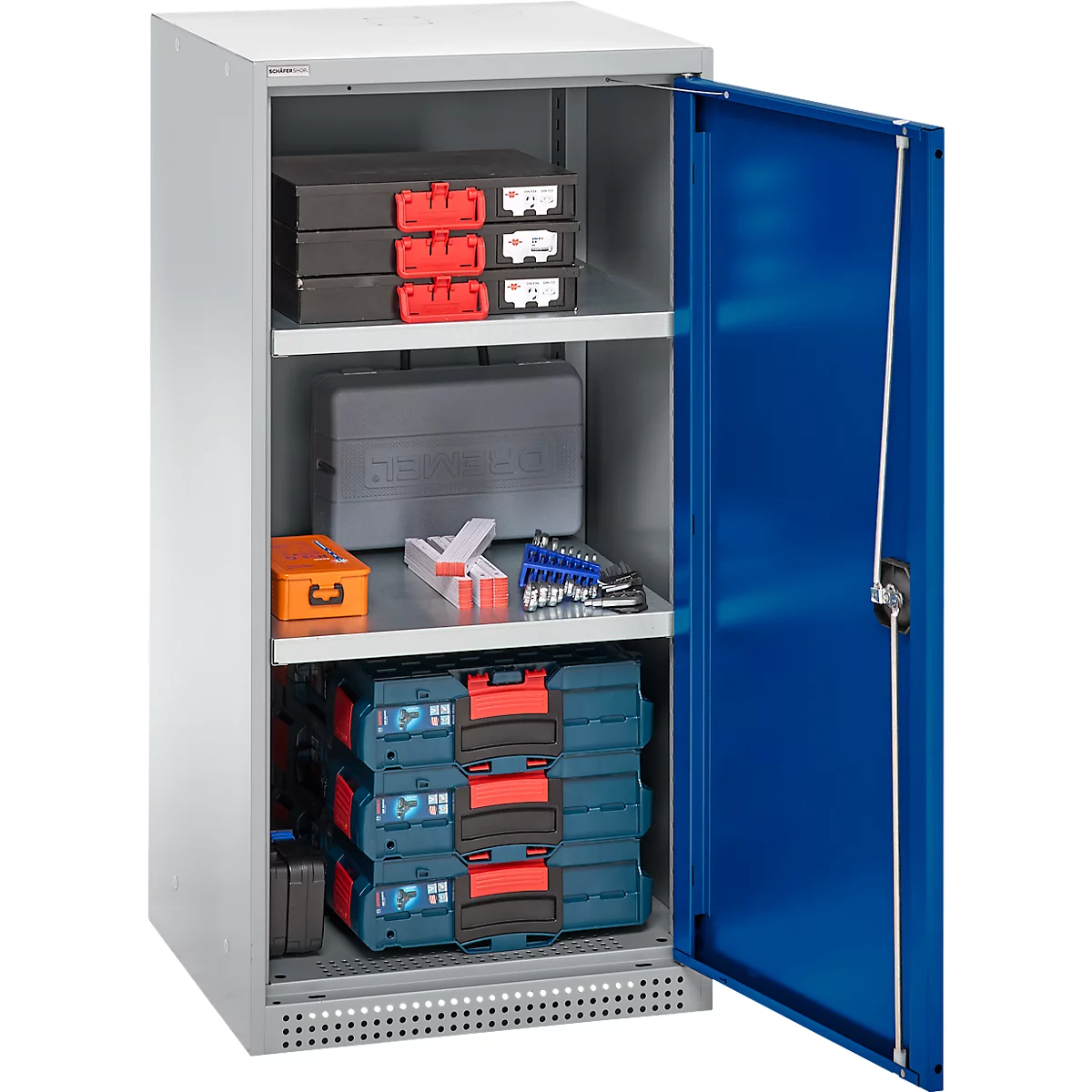 Schäfer Shop Genius armoire à double porte FS, acier, avec trous de ventilation, L 545 x P 520 x H 1105 mm, 3 OH, aluminium blanc/bleu gentiane, jusqu'à 150 kg