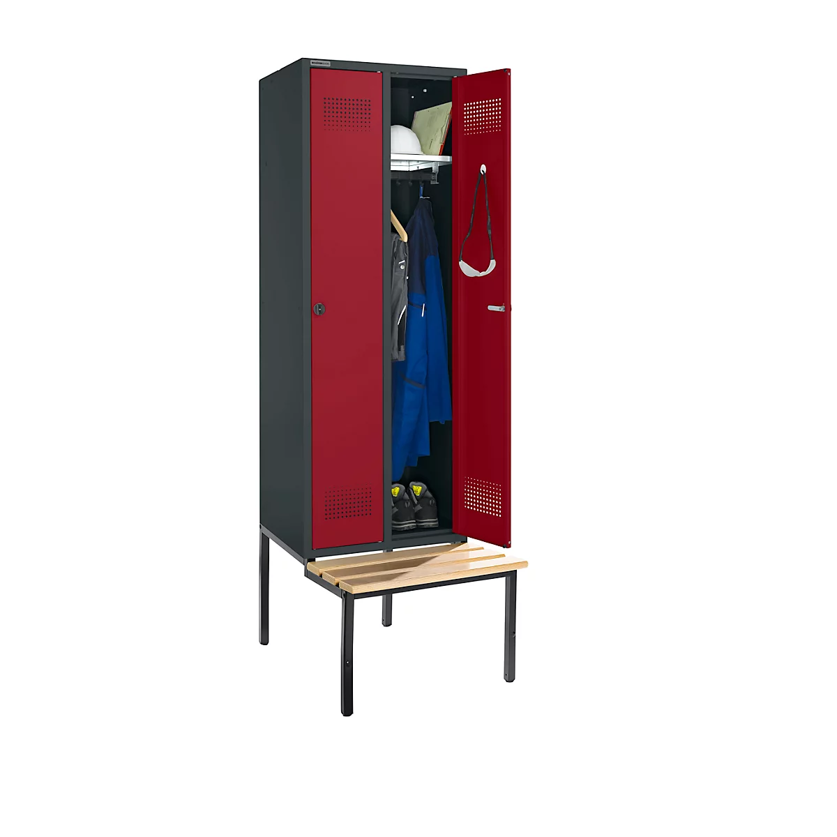 Schäfer Shop Genius Armoire à linge avec banquette, 2 compartiments, largeur de compartiment 300 mm, verrou de sécurité, anthracite/rouge rubis
